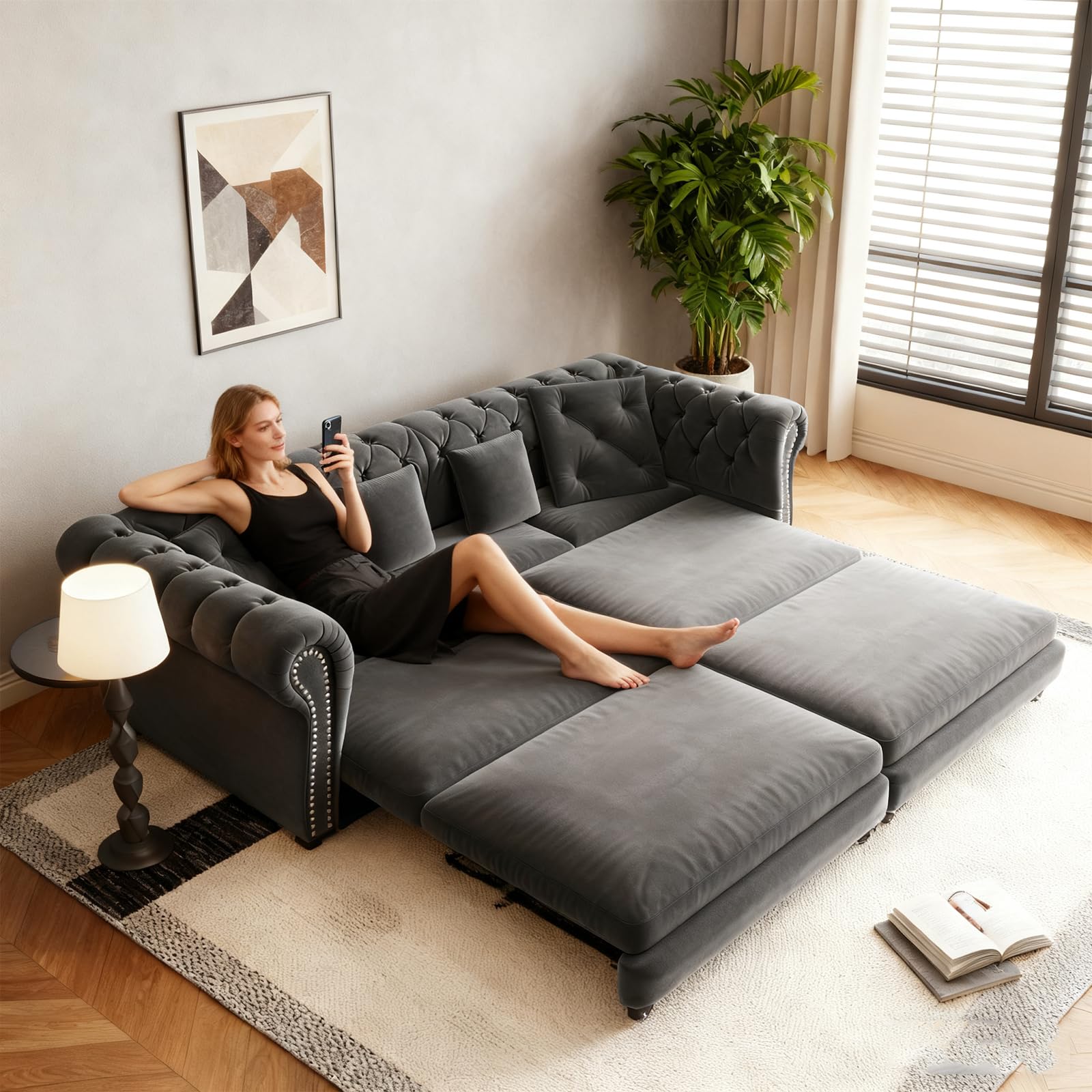 Queen Sleeper Sofa Bed with Movable Ottoman, 3 in 1 Convertible Grey Sectional with Pull Out Bed with Mattress, Comfy Velvet Tufted Chesterfield Sofa, Mid Century Modern Couches for Living Room (Grey)