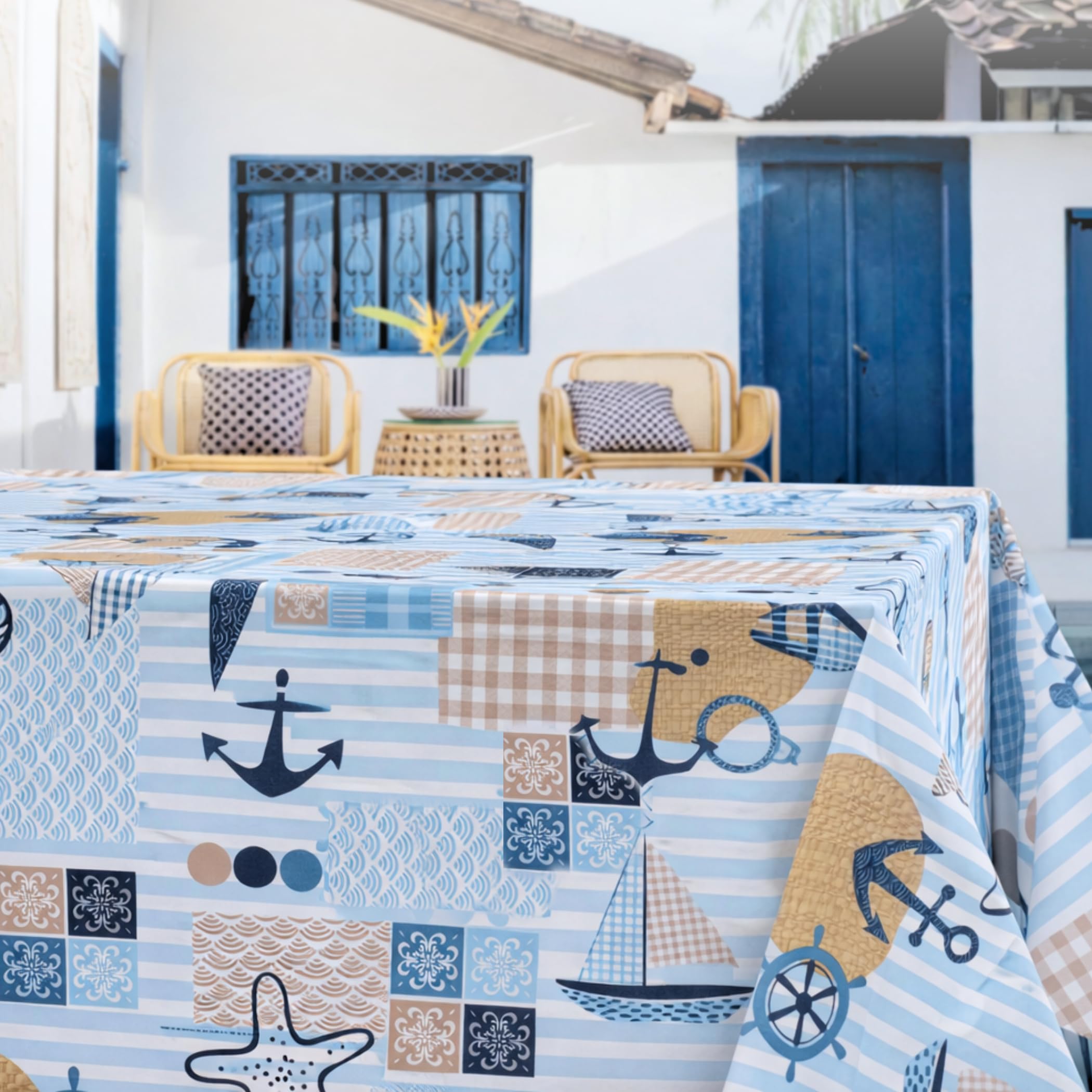 KP HOME Premium Maritim Abwischbare Tischdecke – Rechteckige 200 x 140 cm wasserdichte PVC Tischdecke – Blau Kunststoff Wachstuchtischdecke – Wachstuch für Küche, Esszimmer und Außenbereich Küche, Haushalt & Wohnen