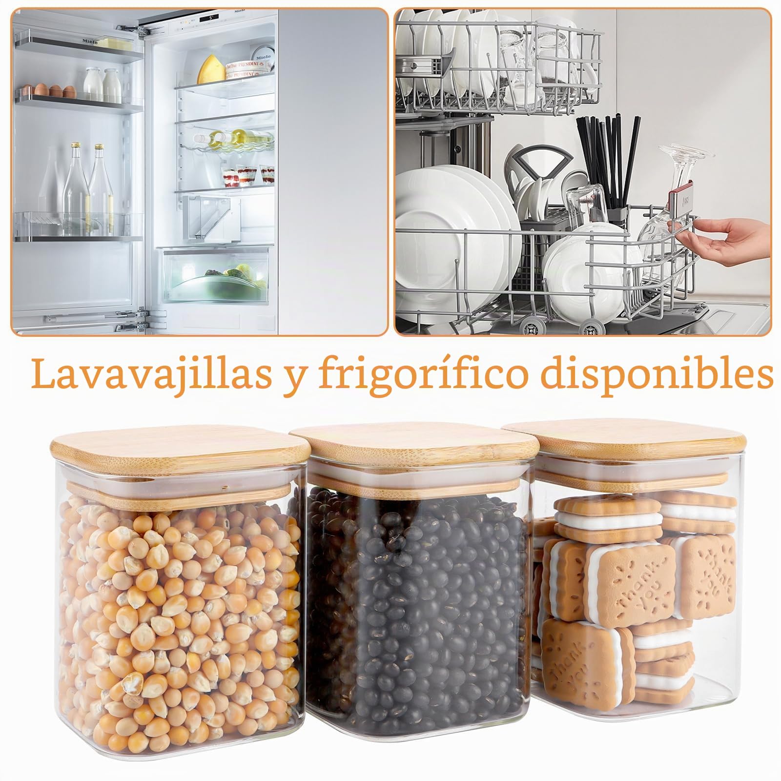 YAYODS 8 tarros de cristal rectangulares con etiquetas, 0,5 L, herméticos, pequeños, con tapa de madera, para granos de café, espaguetis, harina, azúcar (sin BPA)