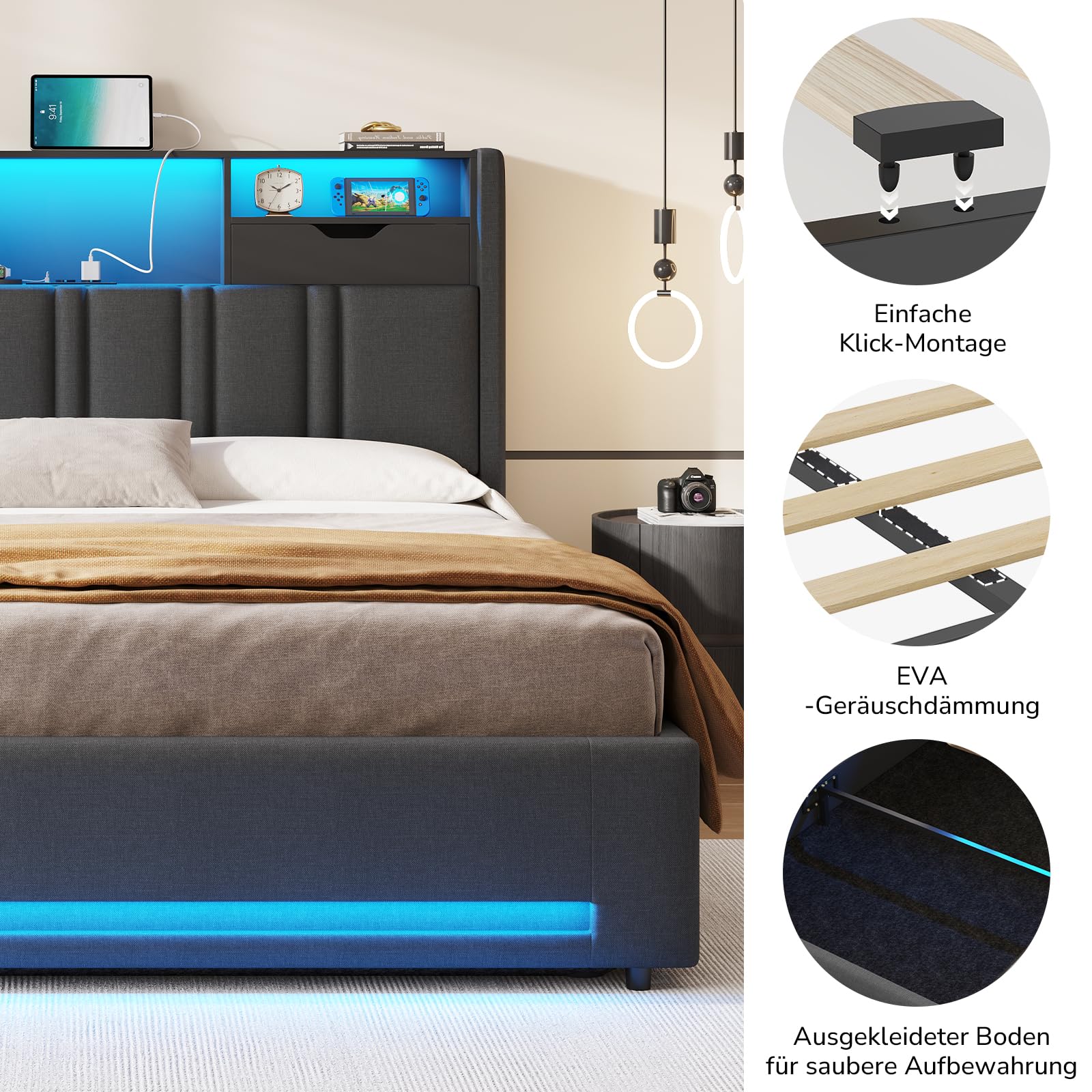 DICTAC Bett 160x200 Grau mit LED und USB-C – Polsterbett mit Bettkasten, Hydraulik, Stauraum 30cm, inkl. Lattenrost, gepolstertes Kopfteil mit Ladestation, Doppelbett für Erwachsene