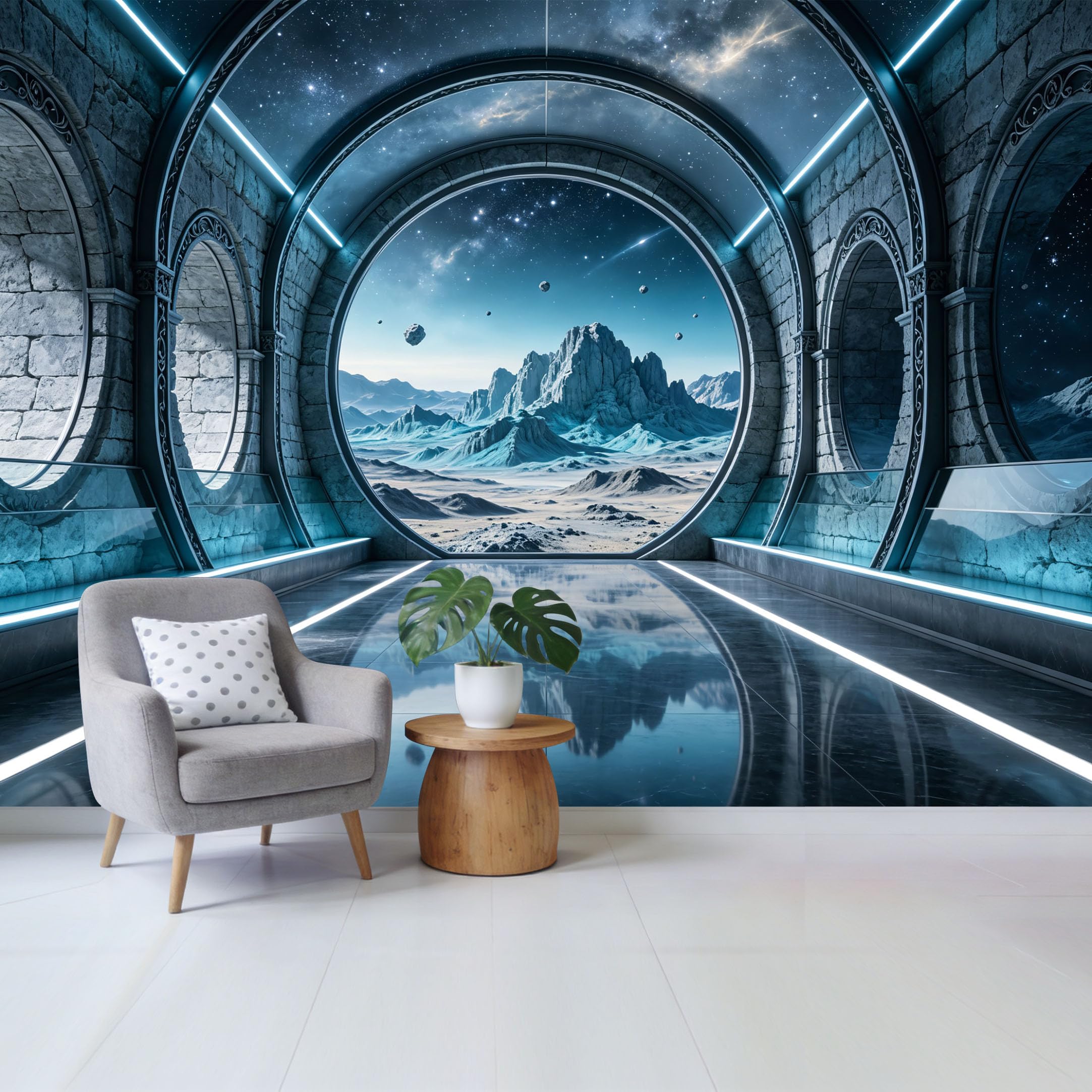 Custom Size Wall Mural， 3D Space Portal Starry Sky Mountain Arch Removable Self Adhesive Fabric，Home Wall Decor for Living Room Bedroom Bathroom