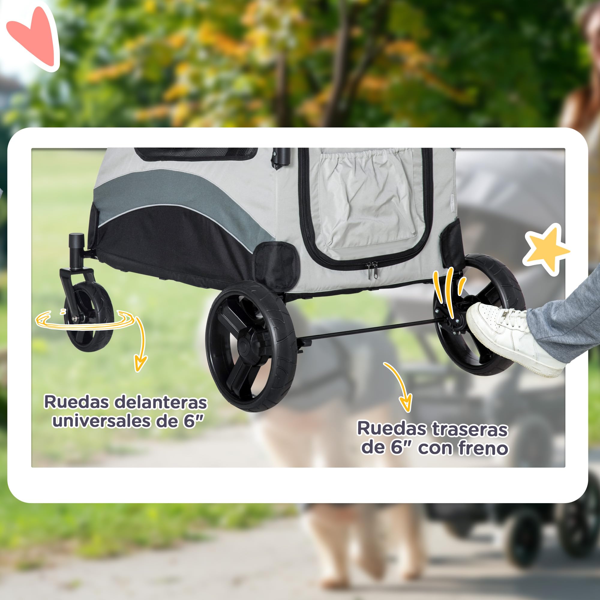 PawHut Cochecito para Perros Plegable Carrito para Mascotas Carrito para Perros con Ventanas Bolsillo de Almacenaje Correas de Seguridad y 2 Ruedas Universales Carga 330 kg 107x67x102 cm Gris