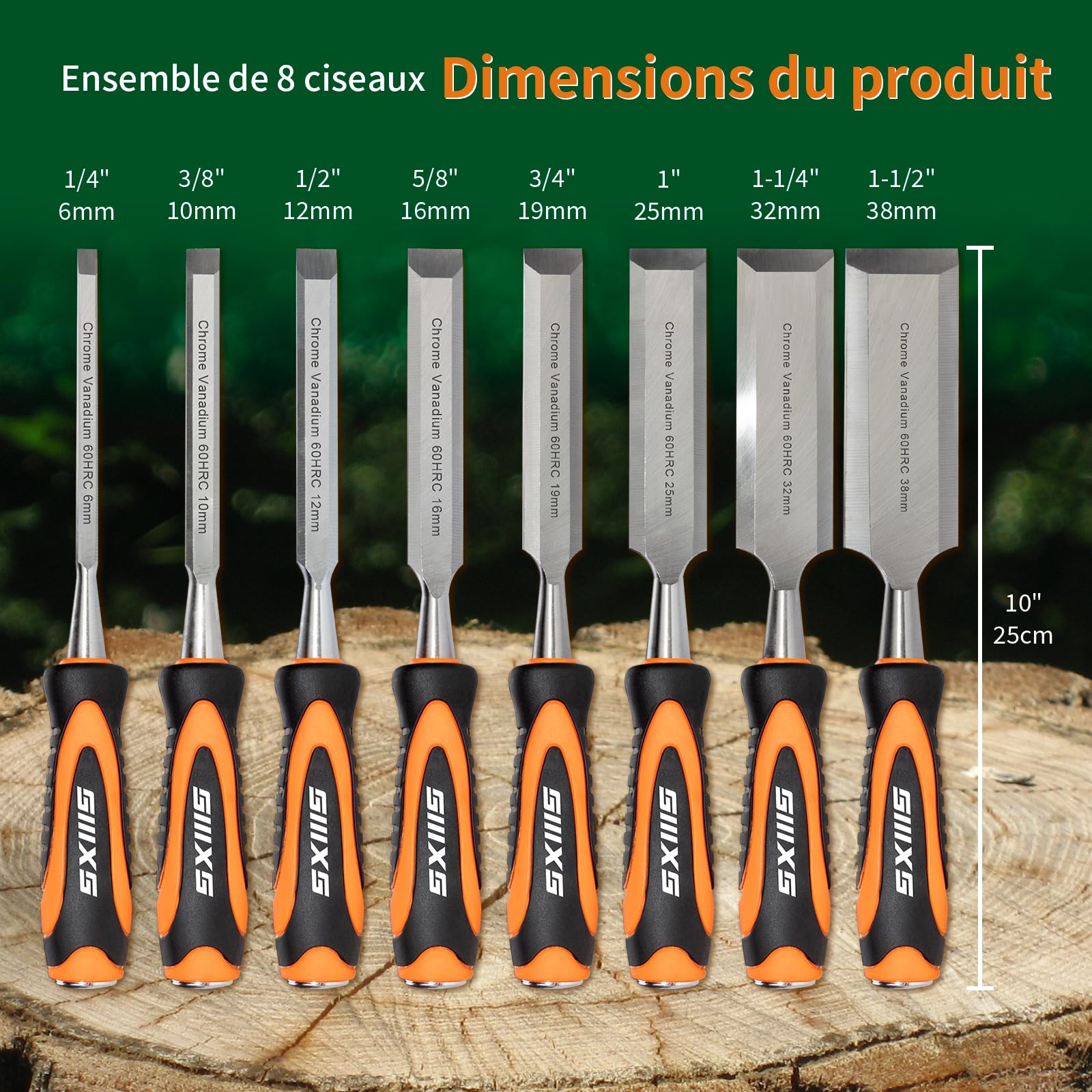 Lot de 13 ciseaux à bois avec 8 burins, guide d'affûtage, pierre à aiguiser, lames en alliage Cr-V