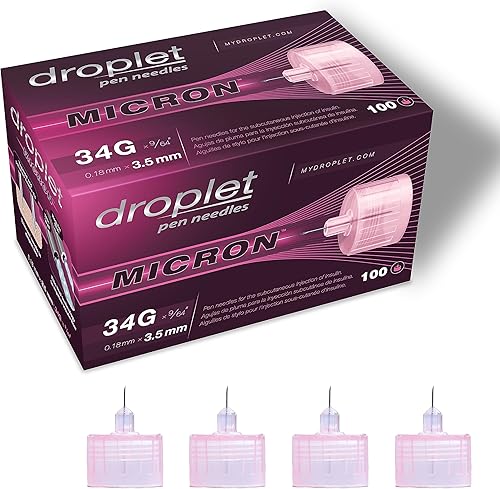 Droplet Agujas para bolígrafo de micrón, 34G 0.138 in, agujas diabéticas para inyecciones de insulina, caja de 100 unidades, compatible con la