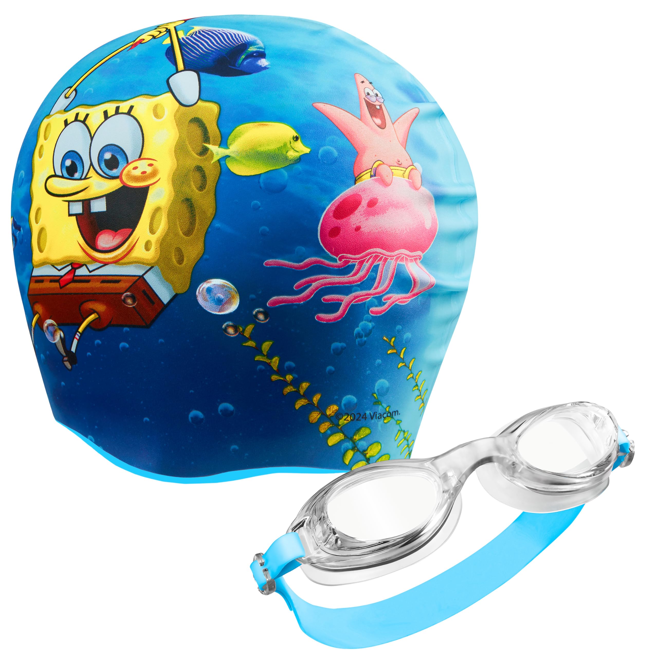 SpongeBob SquarePants Girls Swimming Goggles & Swim Cap Set 3-6 Yrs, Adjustable UV Protected Anti-fog Kids Goggles & Lightweight Silicone Swimming Cap, Pool Beach Essentials (Blue SpongeBob, 3-6 Yrs)