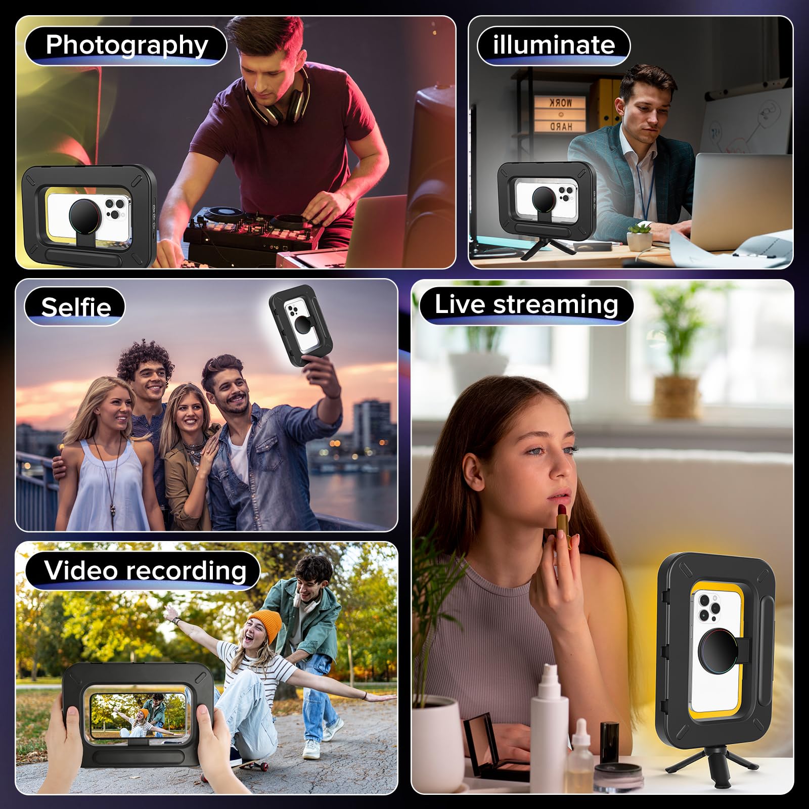 Anello luminoso magnetico RGB per selfie per iPhone e Android (con mini treppiede), magnete a doppio lato, stabilizzatore portatile a LED, batteria integrata per YouTube, TikTok, Vlogging