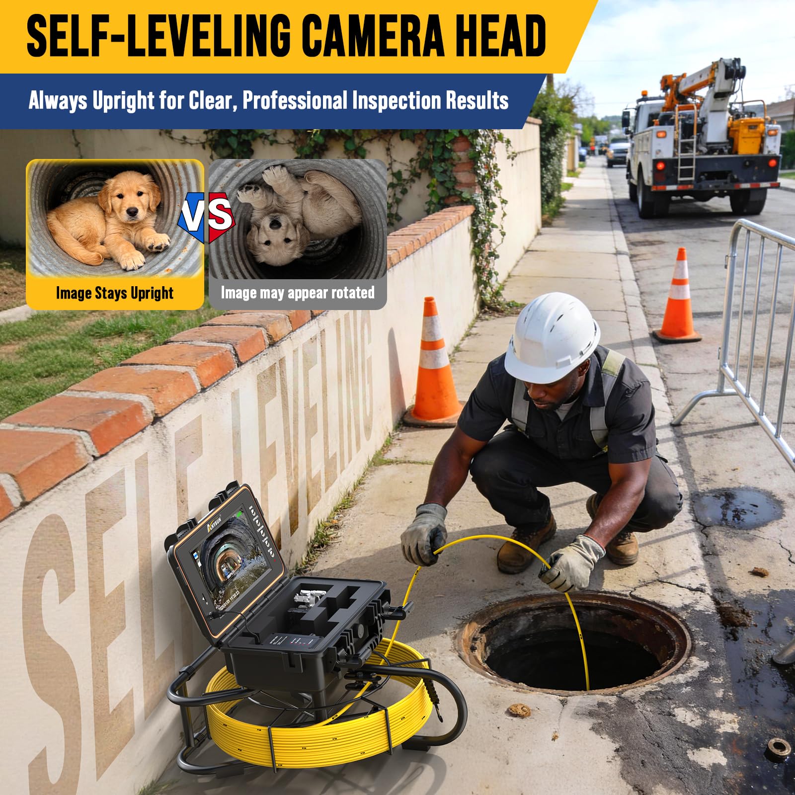 Anysun Caméra d’inspection avec Auto-nivellement, 50M Caméra Canalisation Émetteur 512Hz, 23mm 1080P HD Endoscope Canalisation IP68 Étanche, Écran IPS 9", Câble 7mm, DVR & Carte 32GB, Batterie 5100mAh