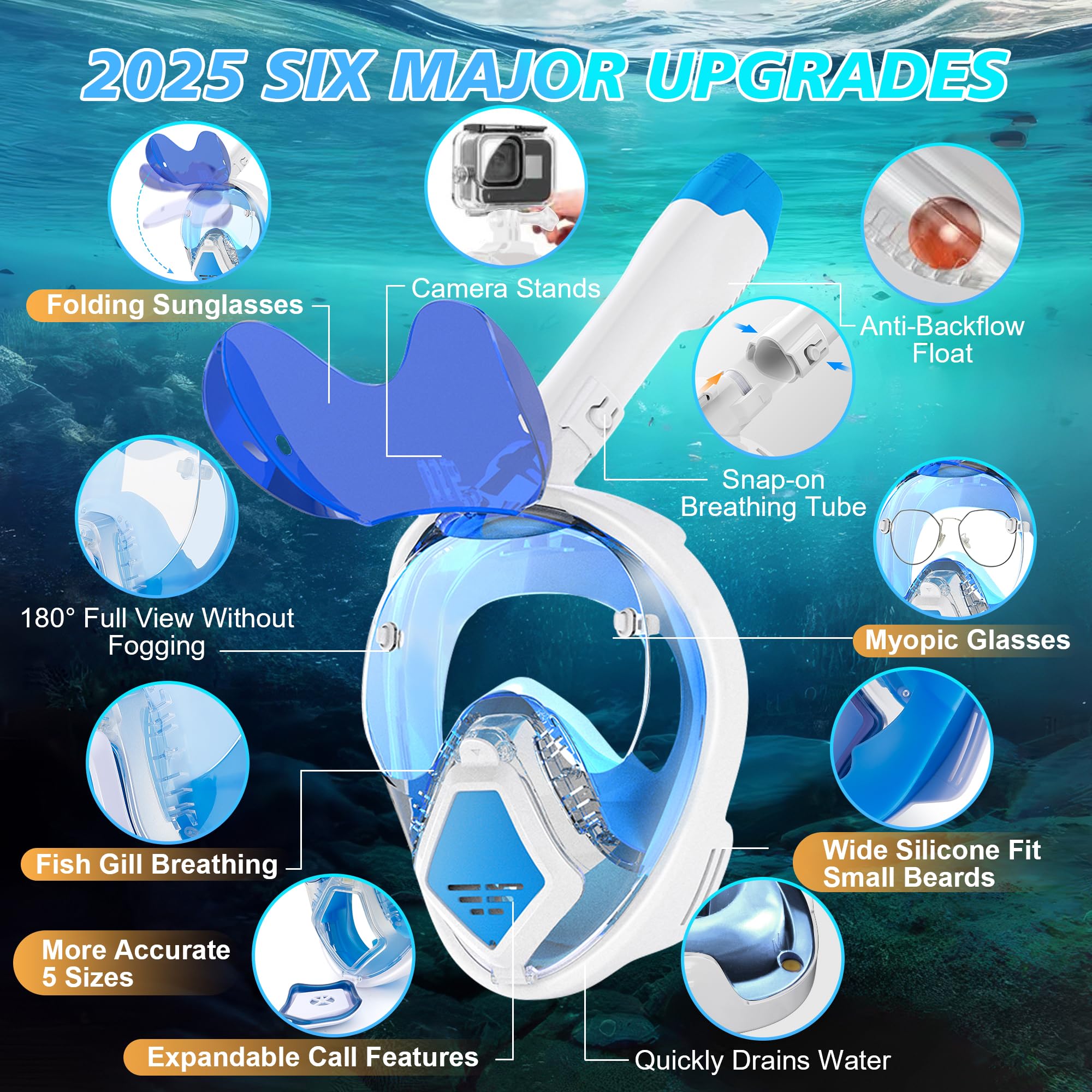 Devilfish - Máscara de esnórquel de cara completa para adultos, sistema de parte superior seca con gafas de sol plegables, equipo de esnórquel de visión panorámica de 180 grados, máscaras de