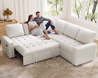 Vipbear Sectional Sleeper Sofa with Pull Out Bed, L Shaped 5 Seat Modular Sectional Sofa with USB Ports & Adjustable Backrest, Chenille Sectional Couches with Storage Seats for Living Room, Beige