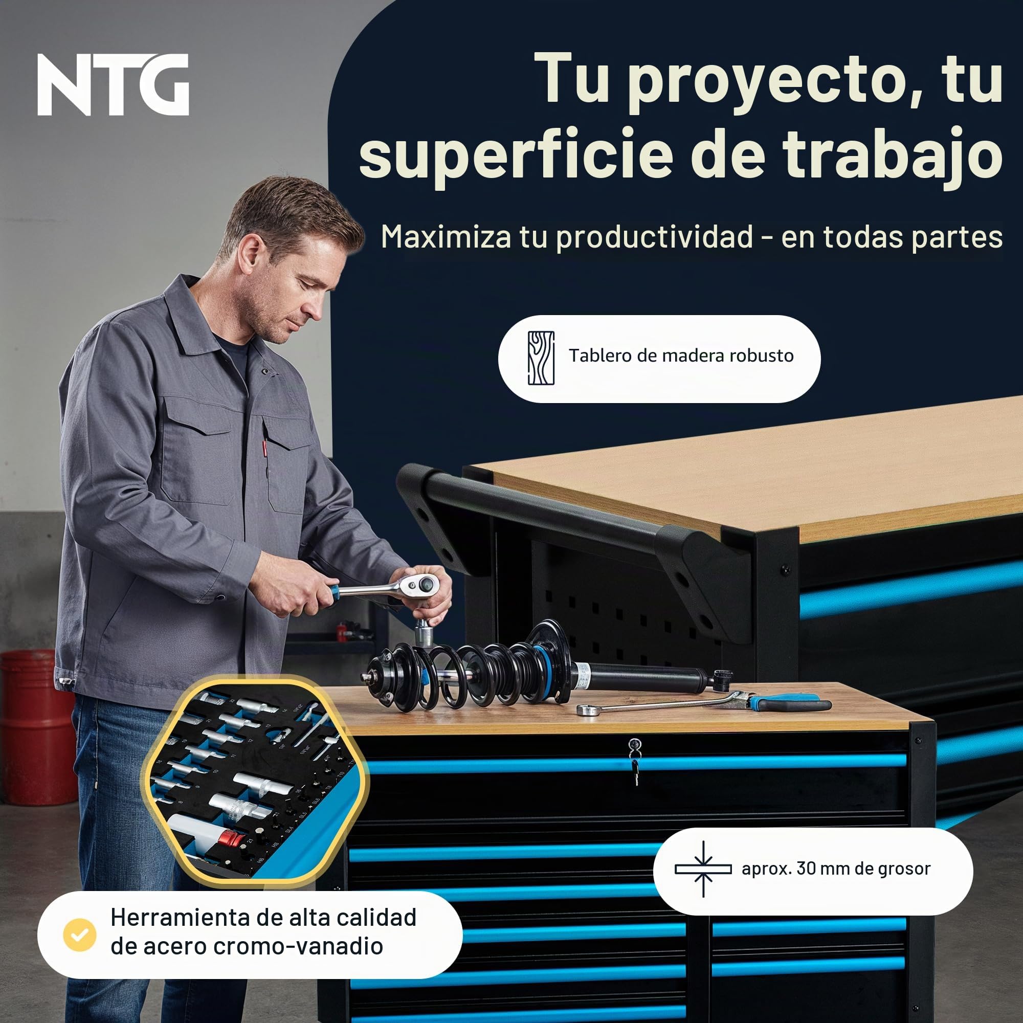 NTG Carro de herramientas XXL – 471 piezas incluidas – 12 cajones con tablero de trabajo de madera, con llave, móvil sobre ruedas – Gabinete profesional de metal para garaje y taller