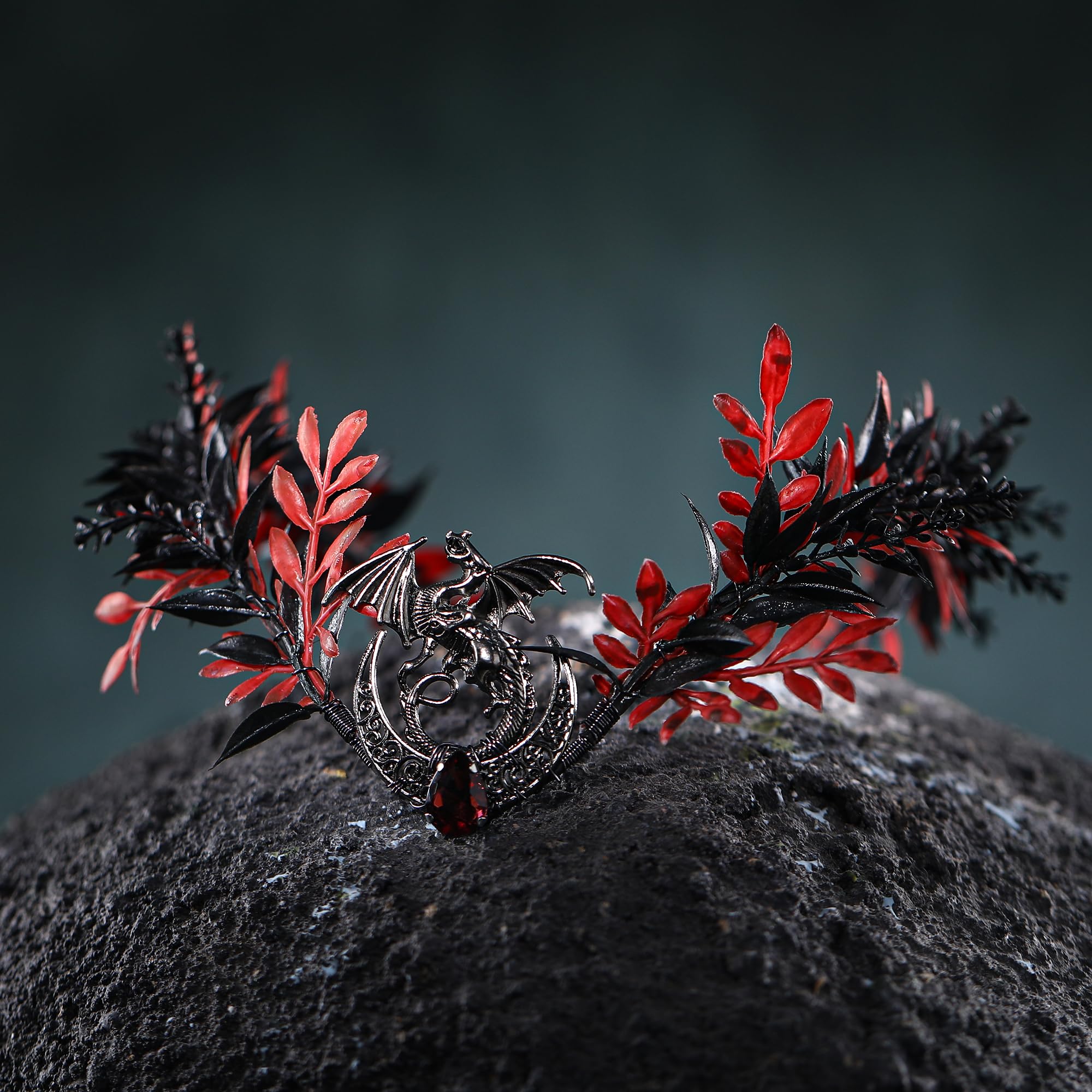 PartyforU Black Dragon Elf Flower Crown for Renaissance Cosplay Gothic Woodland Floral Headpiece for Fairy Costume Adult - Image 2