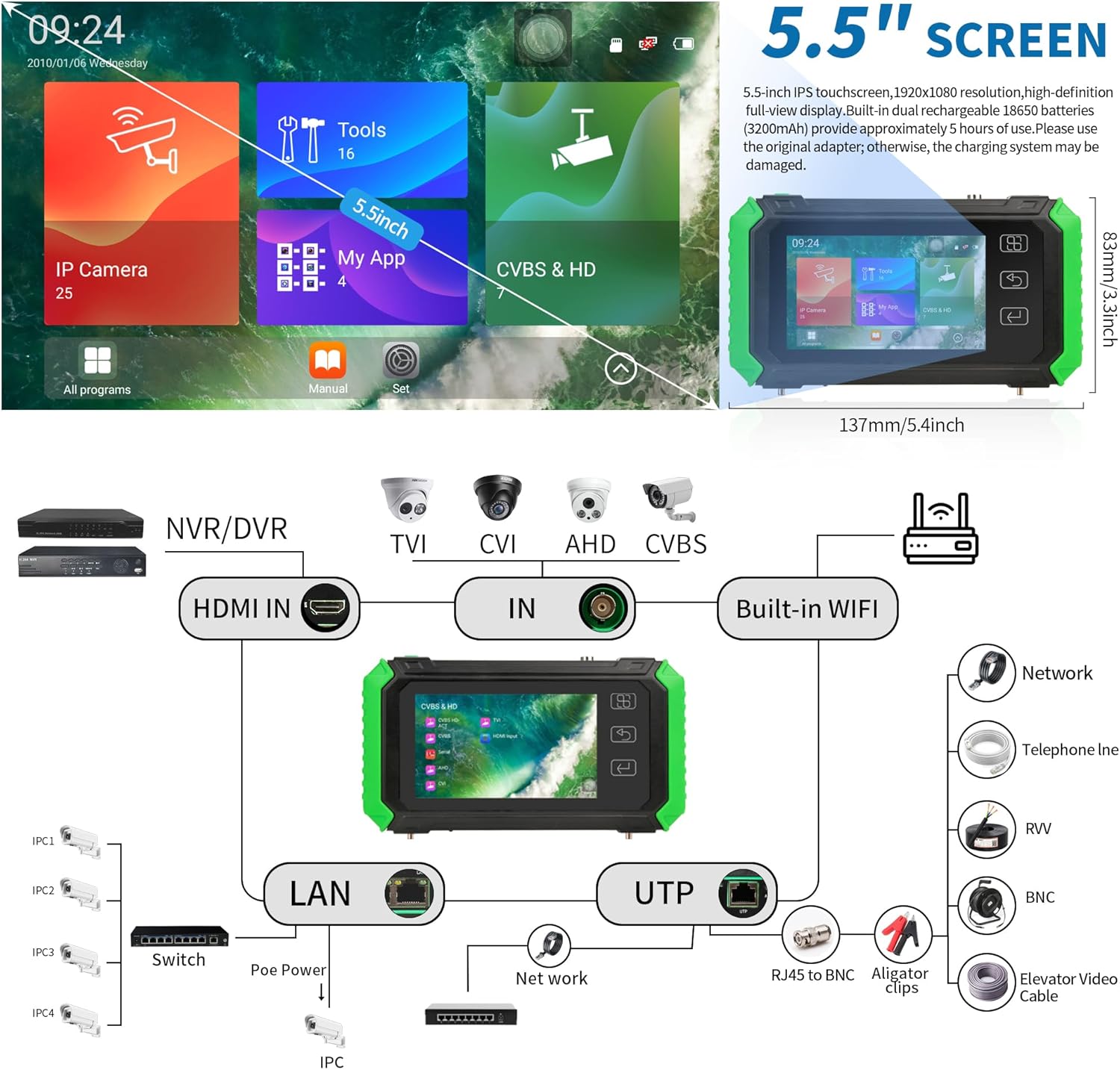 5.5-Inch CCTV Tester – Supports 6K IP Camera Testing – AHD, TVI, CVI & CVBS Analog Camera Testing – RJ45 Cable Pair Tester with PoE, IP Discovery, HDMI Input, Built-in WiFi, and PTZ Control
