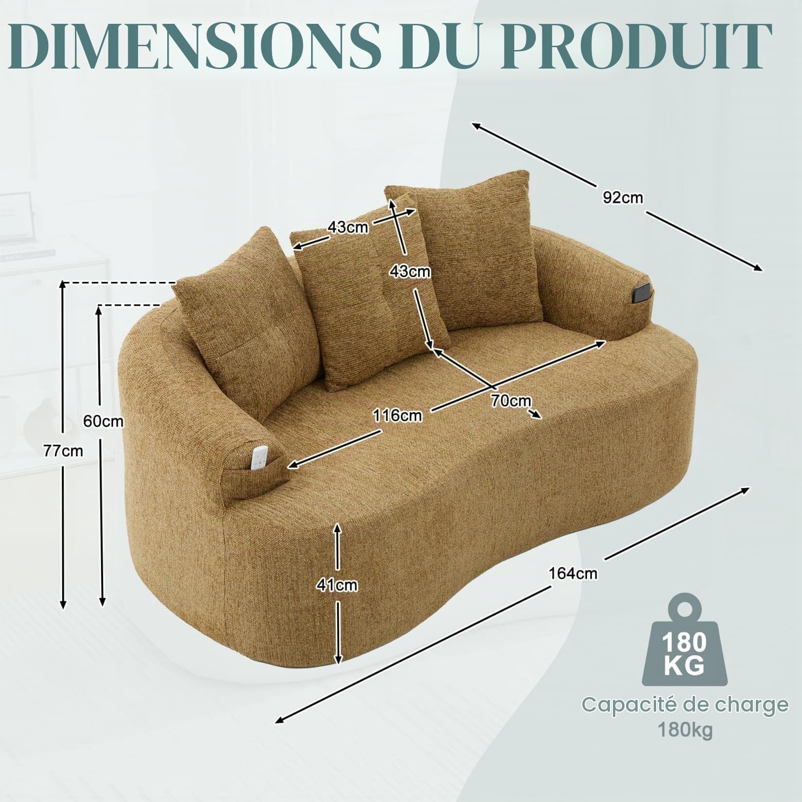 PUGSDRLY Canapé d'angle 2 Places en Forme de Nuage,Petit Canape 2 Places avec 3 Coussins,Aucun Assemblage Requis,Capacité de Charge 180 kg,Chenille,pour Appartement Bureau Salon (Jaune Moutarde)