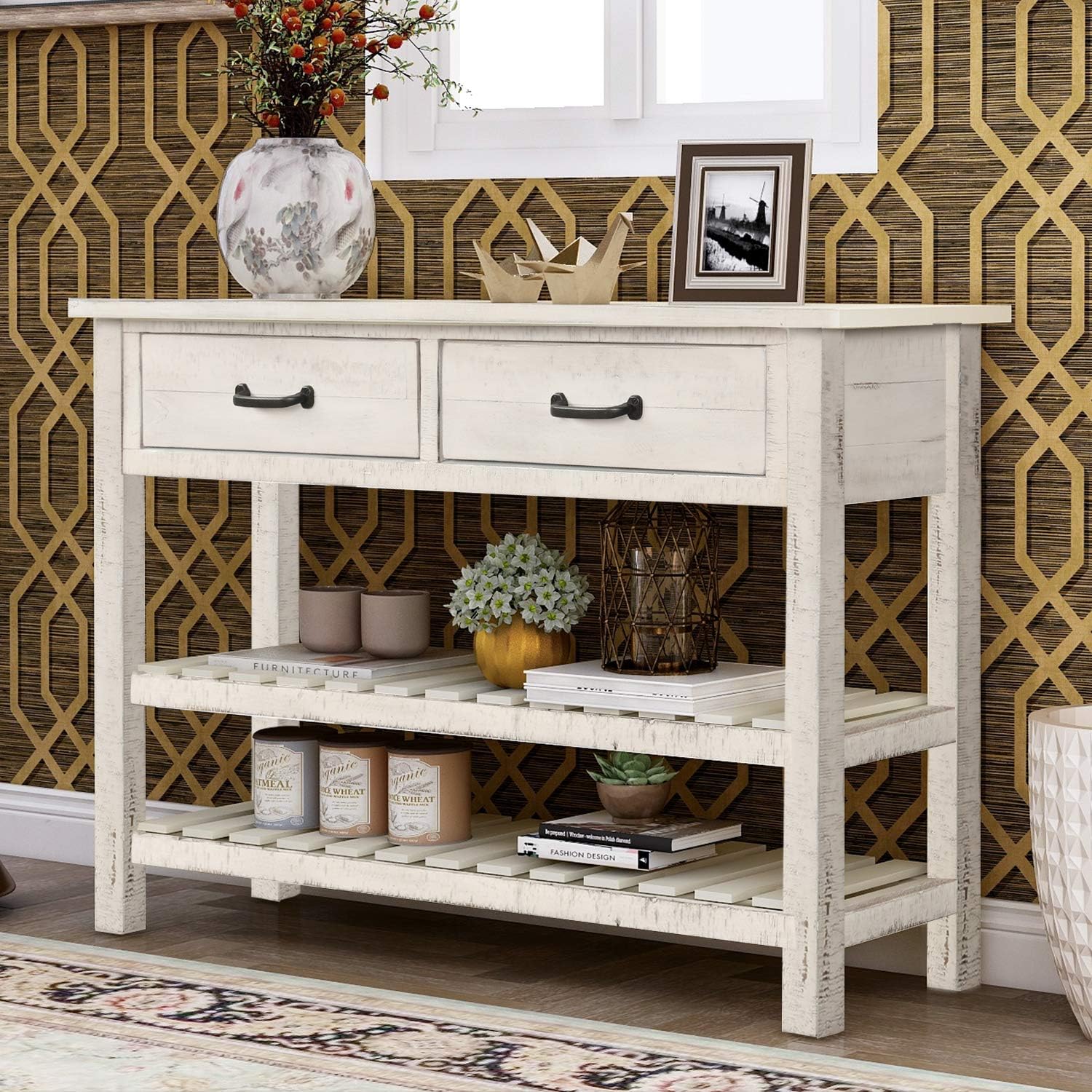 Console Tables for Entryway, Baysitone Wood Sofa Table with 2 Drawers and 2 Tiers Shelves for Living Room (Antique White)