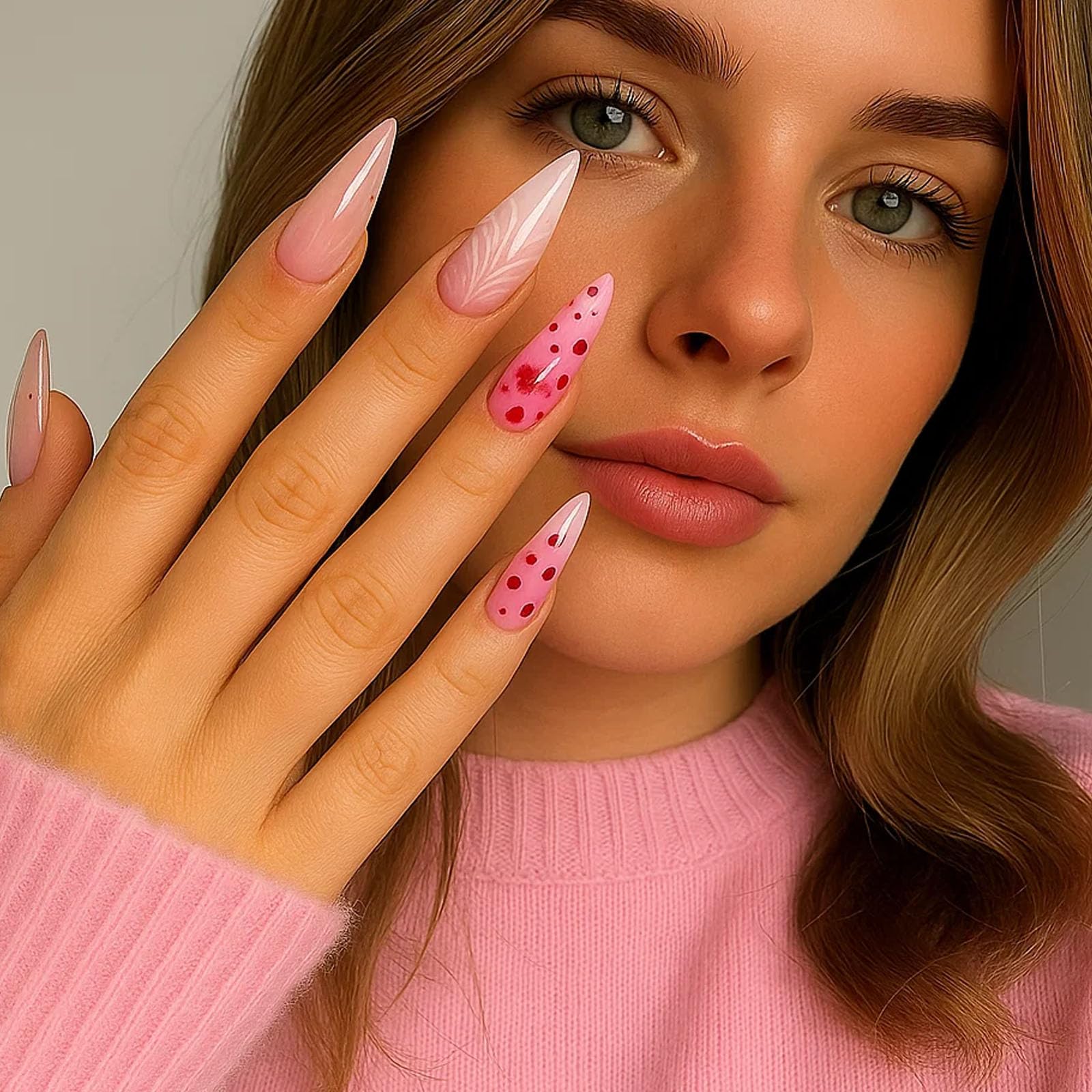 Soft Pink Gradient Stiletto Press-On Nails With Glossy Floral & Polka Dot Designs - Image 4