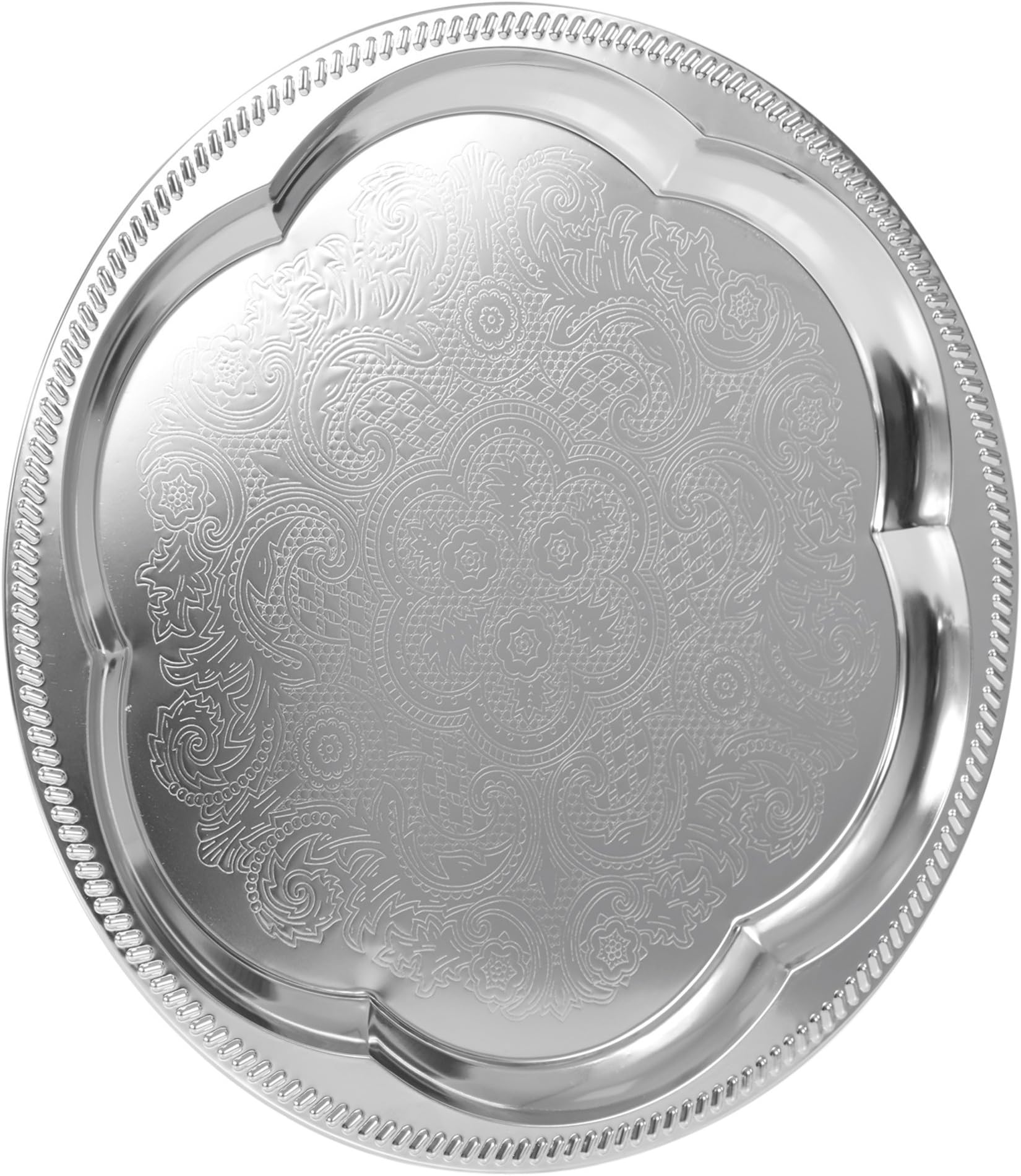 EasyDish Silver Effect Polished Round Serving Tray Dinner Platter Tableware Drinks Tea Metal Dinner Dish Plate Plain Embossed