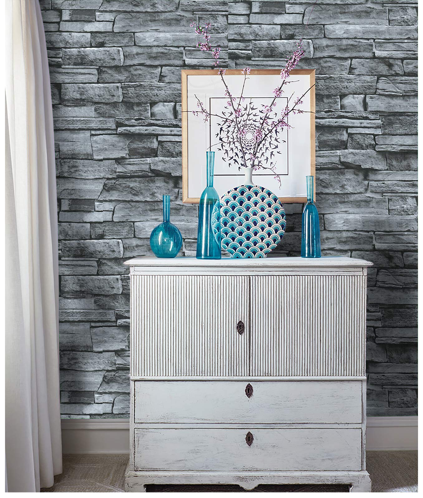 JLHOUSE Self Adhesive Wallpaper Brick Grey 45cm x 300cm Stone Wallpaper Stick and Peel Vinyl Film Backspalsh for wall Decoration