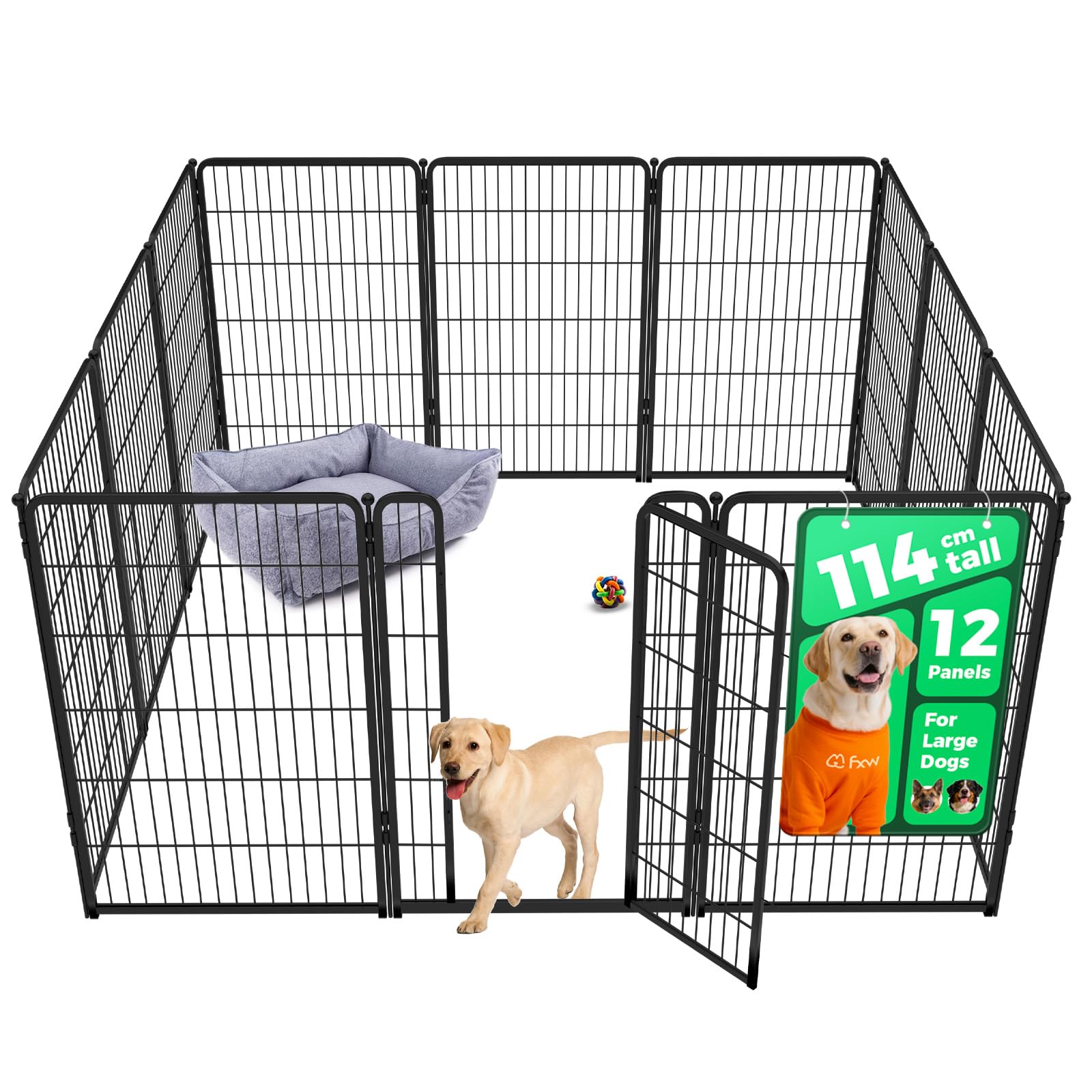 fxw Homeplus Unleashed Indoor Dog Playpen - Stress-Free and Safe Play, Heavy Duty 114cm Height 12 Panels Dog Pen for Large Dogs, Black│Patent Pending