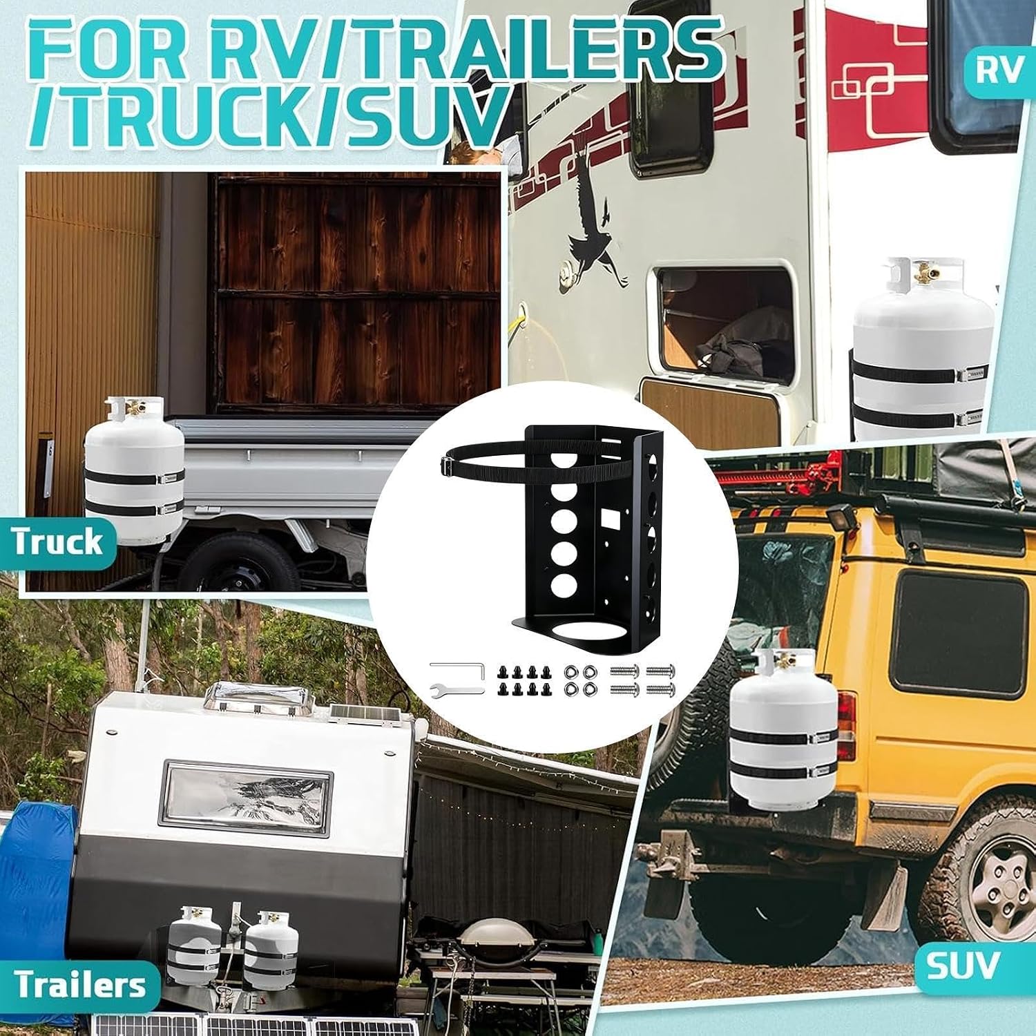 RV Propane Tank Holder Heavy Duty Cylinder Rack with Locking Strap