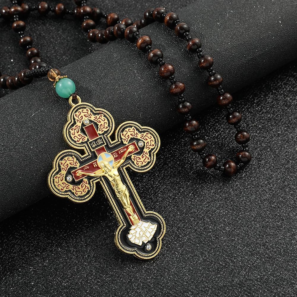 18K Yellow Gold Orthodox Prayer Rope Necklace, Crucifix Jesus Cross Pendant Necklace, Wooden Rosary Beaded Chain Necklace for Men Women Christian Religious Prayer Jewelry Bracelet anglican prayer beads, greek worry beads chotki komboskini - Image 6