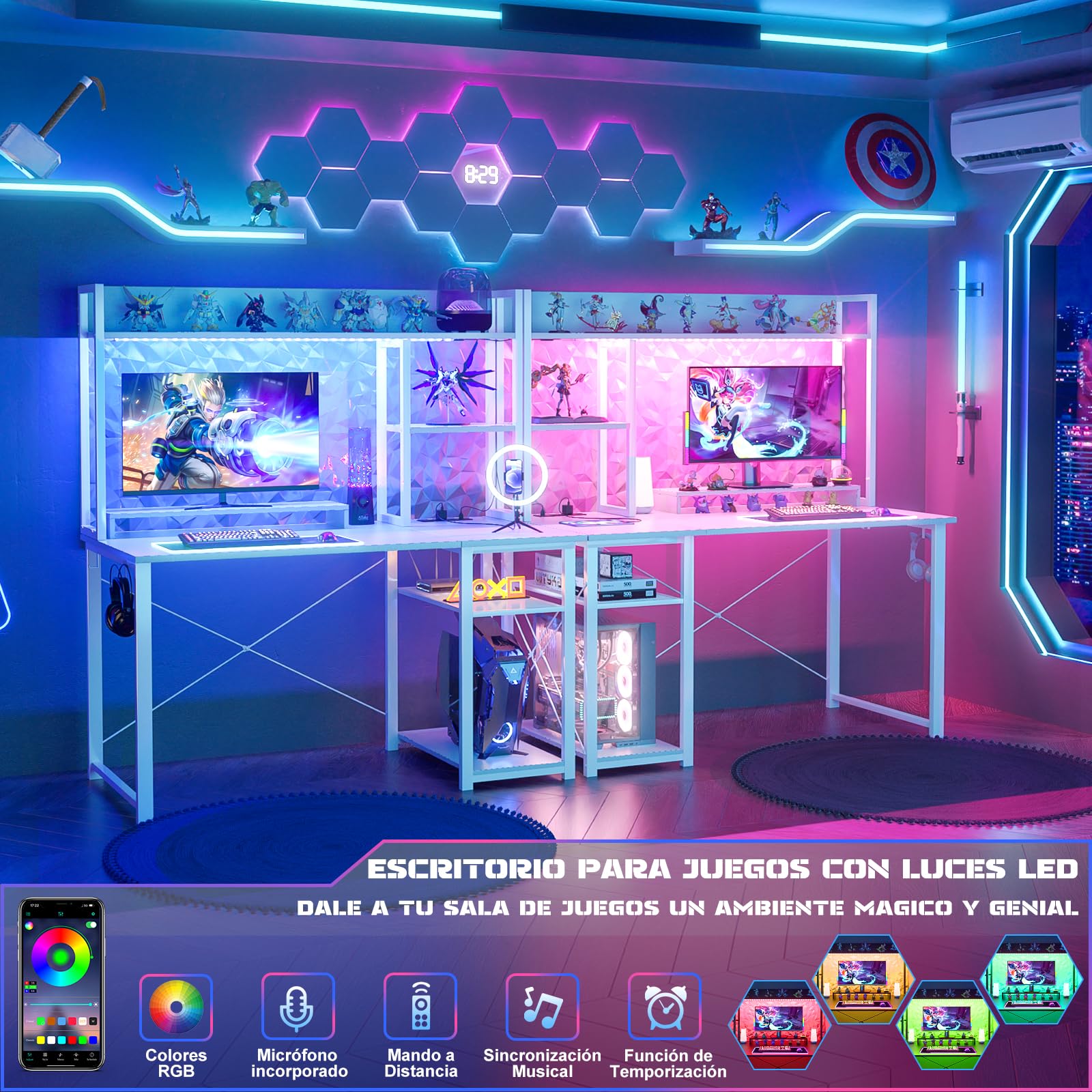 iSunirm Escritorio para Juegos Compartimento, Luces LED y Tomas de Corriente, 100 x 50 cm, estantes y Soporte para Monitor, Blanco