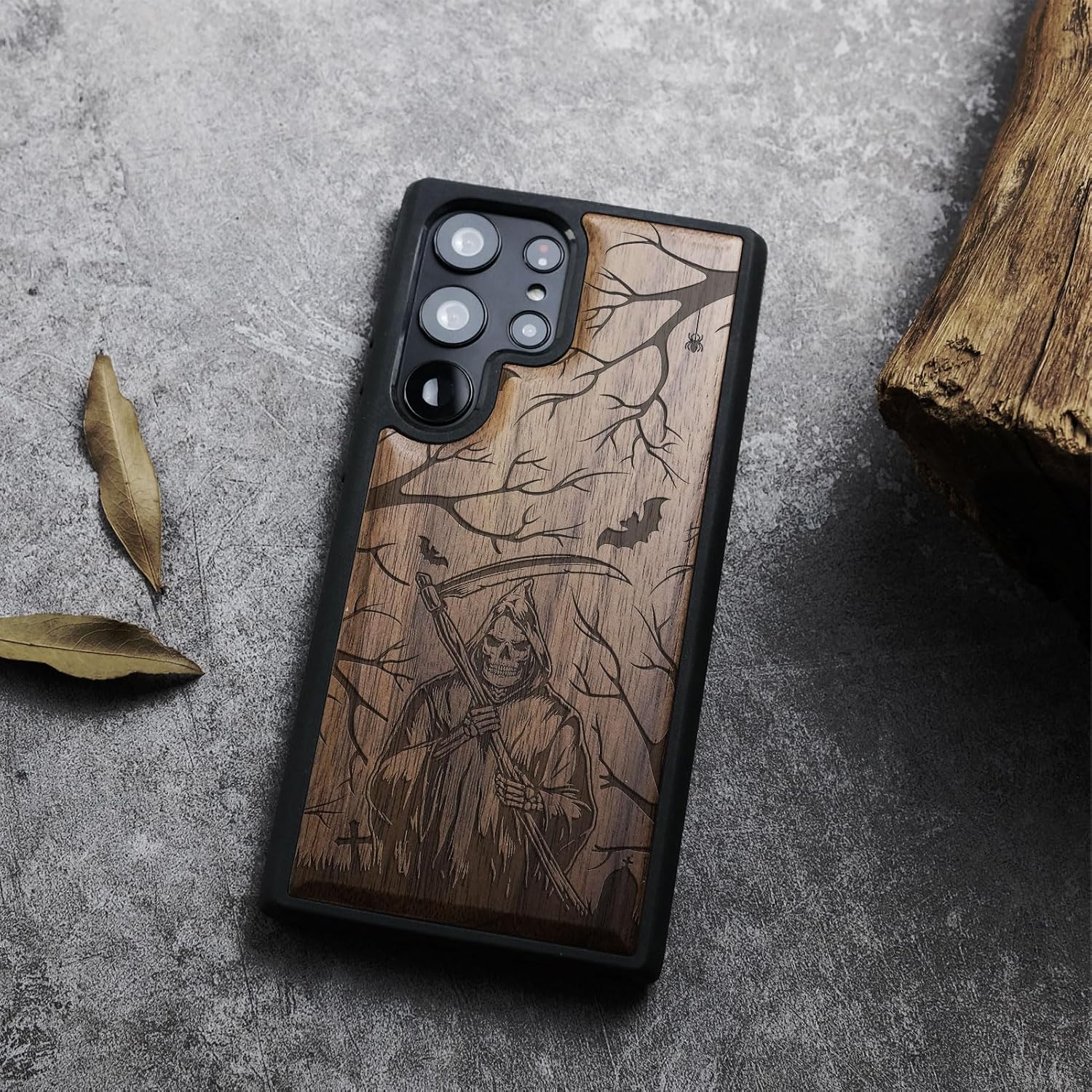 Carveit Wood Case for Galaxy S24 Ultra Case [Natural Wood & Black Soft TPU] Shockproof Protective Cover Unique Wooden Design Compatible with Samsung S24 Ultra (Grim Reaper-Walnut)