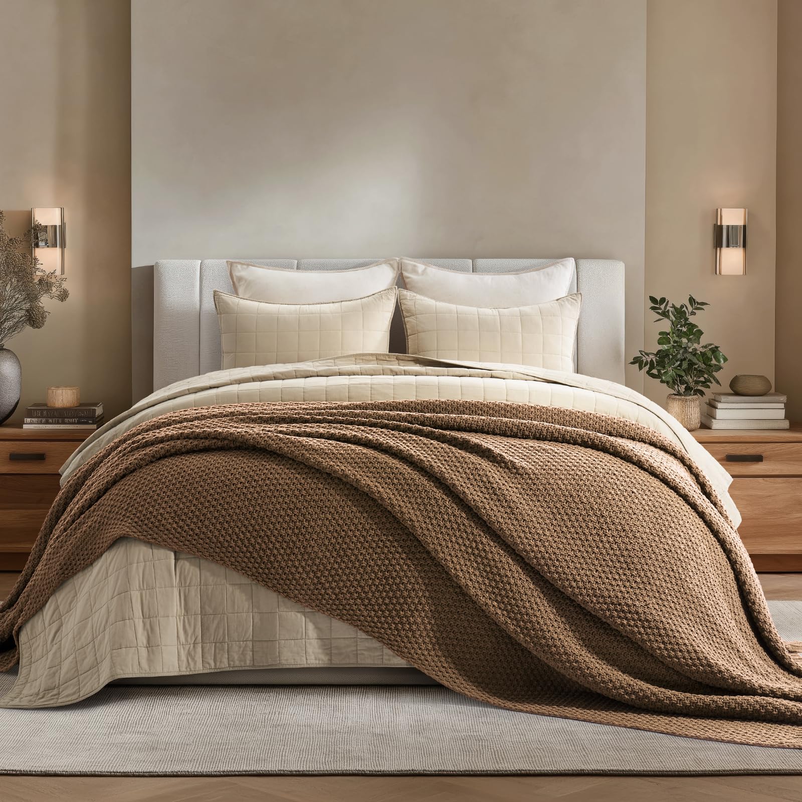 Photo 1 of EVERGRACEHOME Chunky Chenille Knit Throw Blanket for Couch, Soft Luxurious Oversized Queen Moss Stitch Blanket for Bed, Cozy Farmhouse Knitted Throw for Sofa, Camel Brown, 90" x 90"