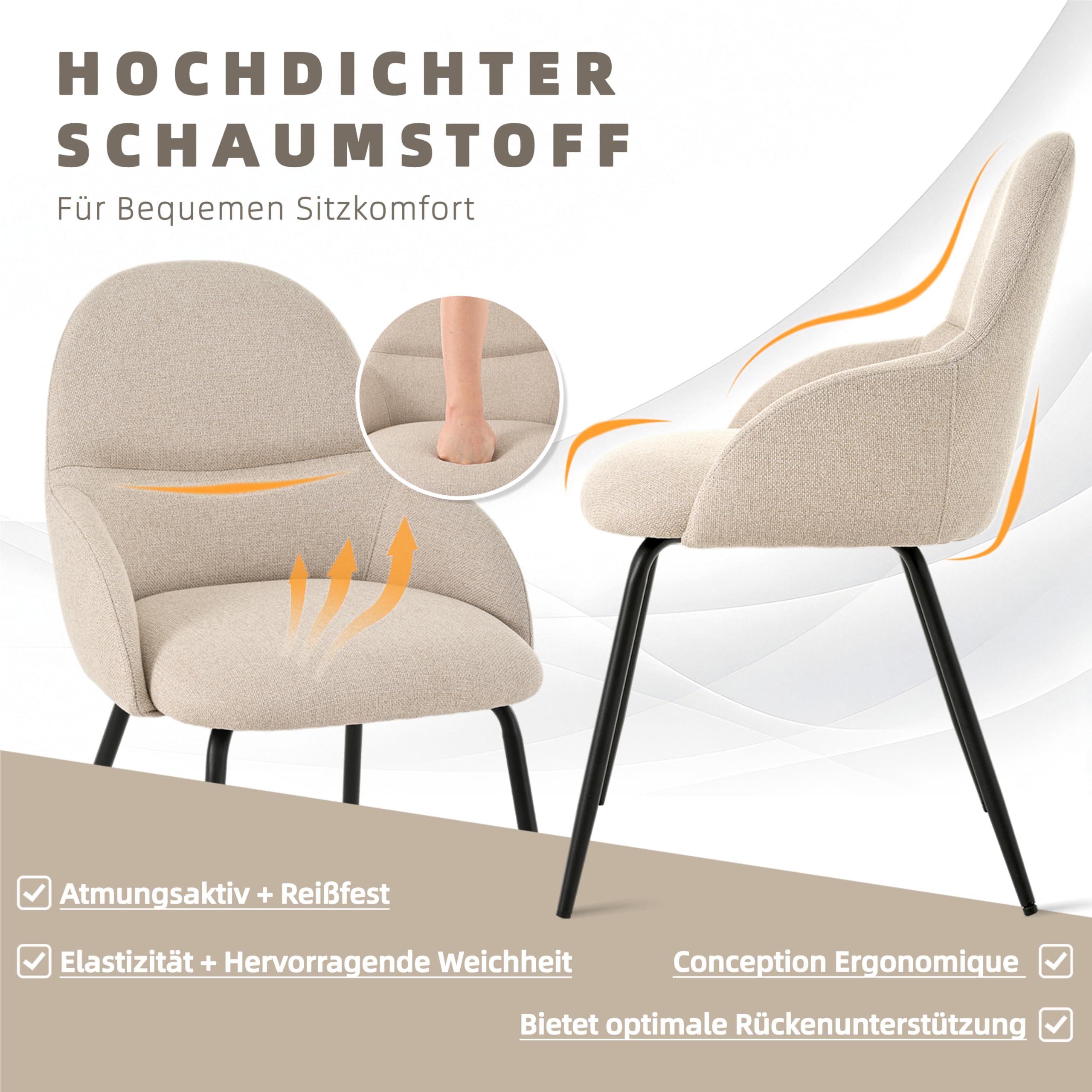 Esszimmerstühle 4er Set mit Armlehne – Ergonomische Polsterstühle, Moderne Küchenstühle mit Leinenbezug & Metallbeinen, Gepolsterte Stühle für Wohnzimmer, Esszimmer, Küche, Beige