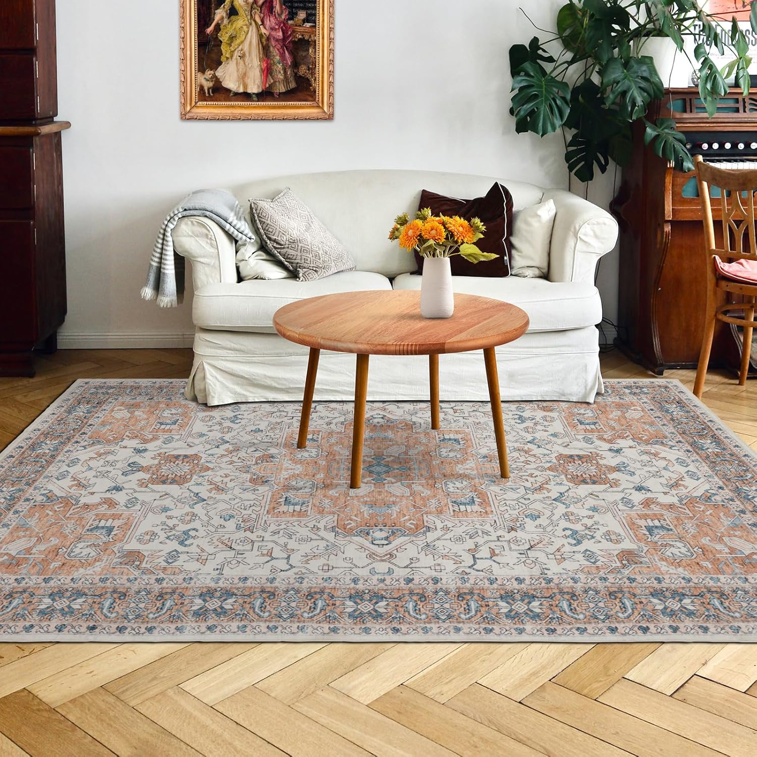 Area Rug 5×7, Large Vintage Boho Rug,Ultra-Soft Low Pile, Washable, Non Slip,Stain Resistant, Printed Carpet for Living Room Bedrooms Playroom Office Kitchen,Ivory/Red