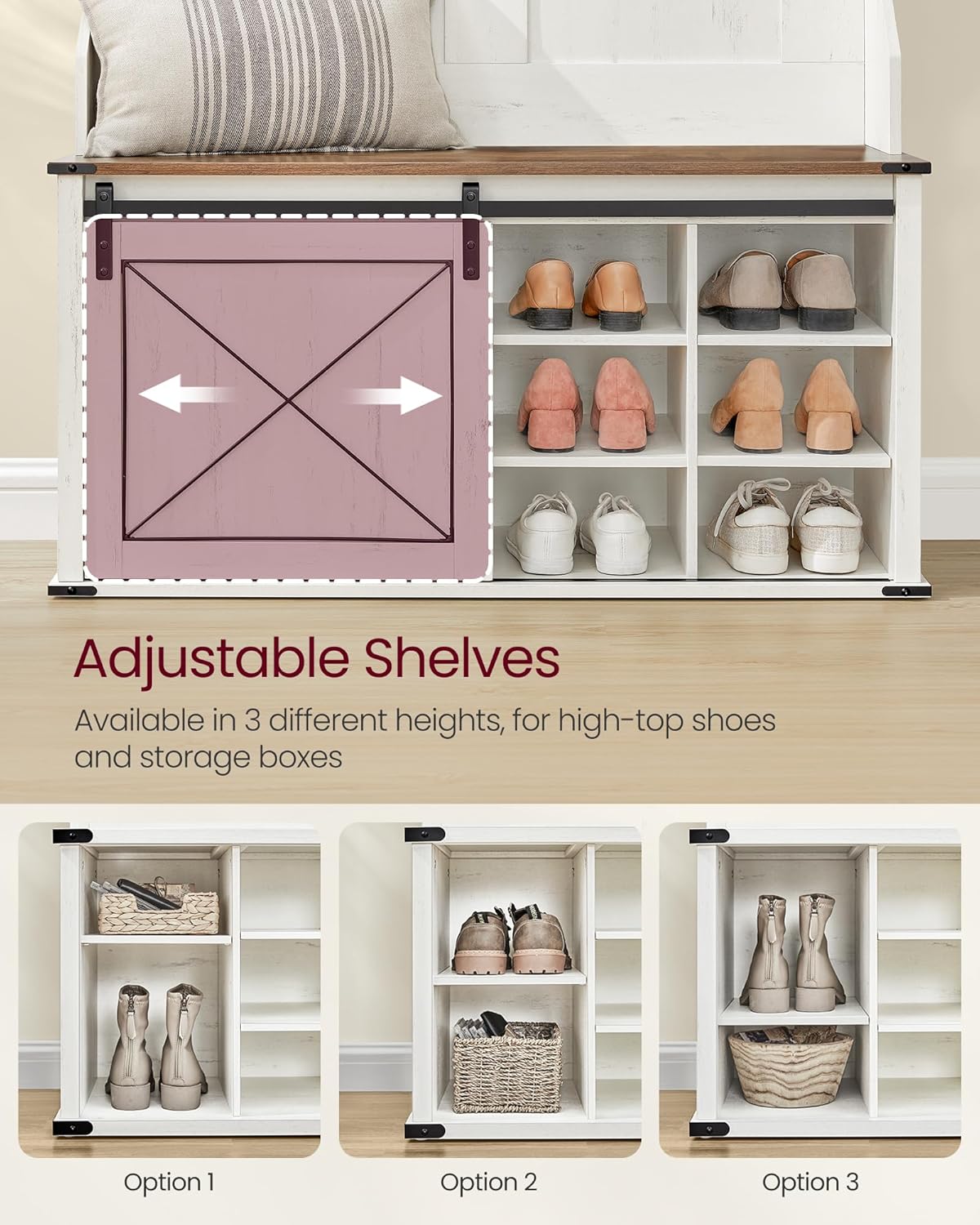 VASAGLE Hall Tree with Bench and Shoe Storage, Coat Rack with Shoe Bench, Entryway Furniture, 6 Tri-Hooks, Sliding Door, Farmfouse Style, Space Saving, Rustic White and Honey Brown UHSR442W01 15.7"D x 41.7"W x 78.7"H Rustic White + Honey Brown image 4 of 7 B0DJ9BST6J