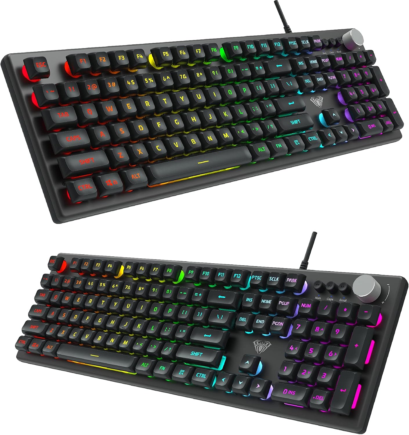 Angled view of the Aula F2028 keyboard showing illuminated RGB keys.