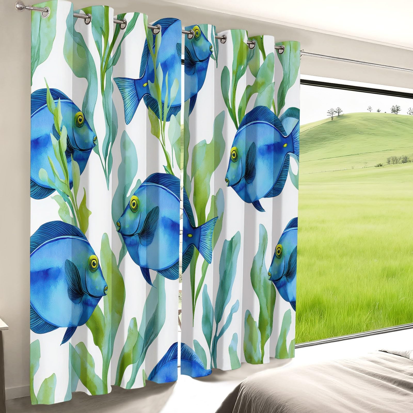 Verdunkelungsvorhänge mit Ösen H 175 × B 140 cm (2er Set), Aquarell Ozean Doktorfisch Bedruckte Thermo Vorhänge für Schlafzimmer & Kinderzimmer, Blickdichte Gardinen Lärmschutz, Weiß