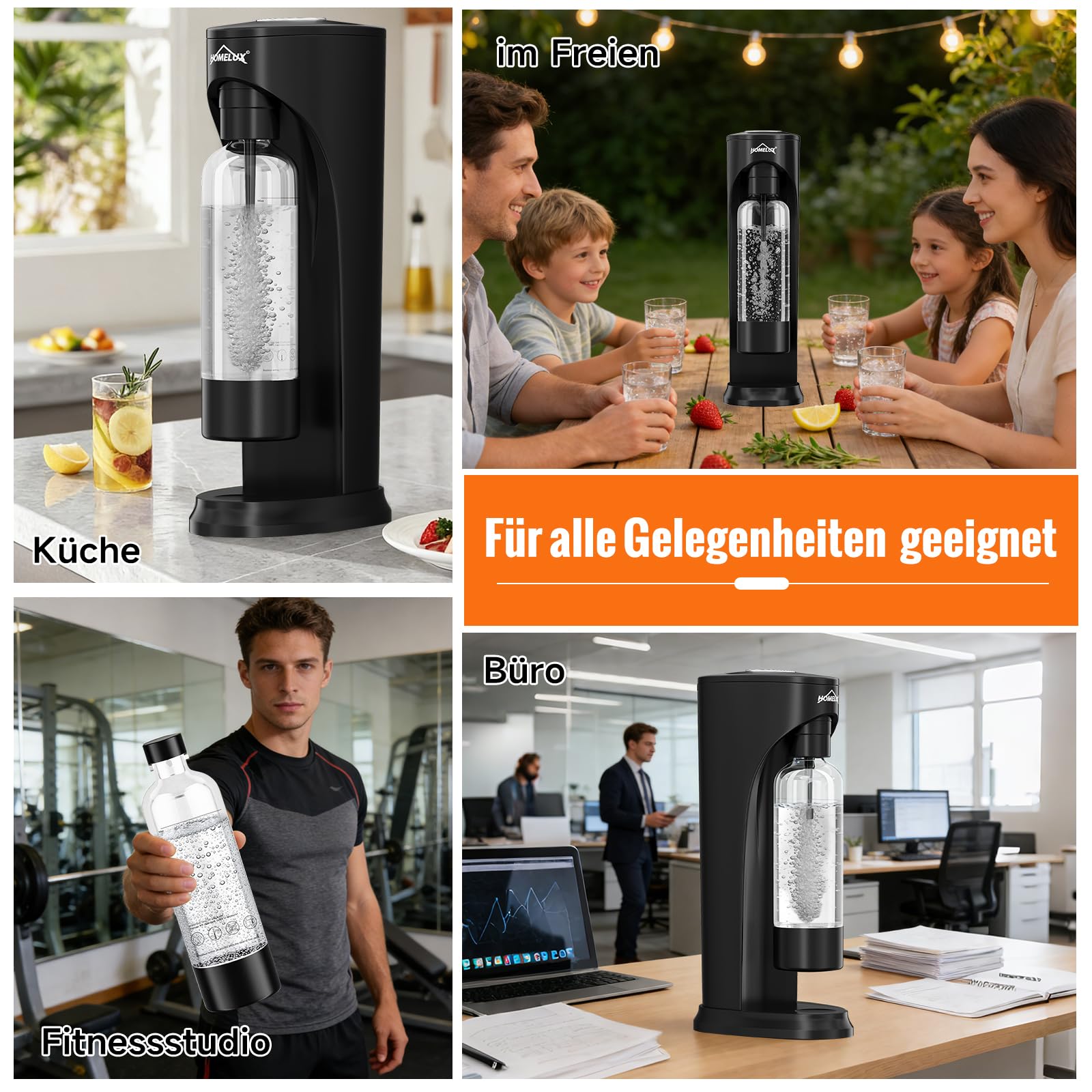 HOMELUX Saturator do wody gazowanej, z butelką PET bez BPA, urządzenie do sody gazowanej, węglan, do saturowania wody z kranu, czarny