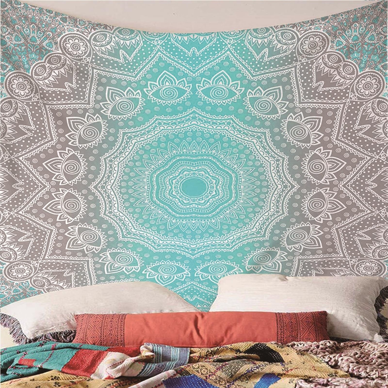 Lieson Arazzo Decorativo, Arazzo da Camera da Letto 260x240CM Motivo Mandala Tappeto Muro Camera da Appendere Alla Parete Per Decorazione Della Casa, Grigio Verde