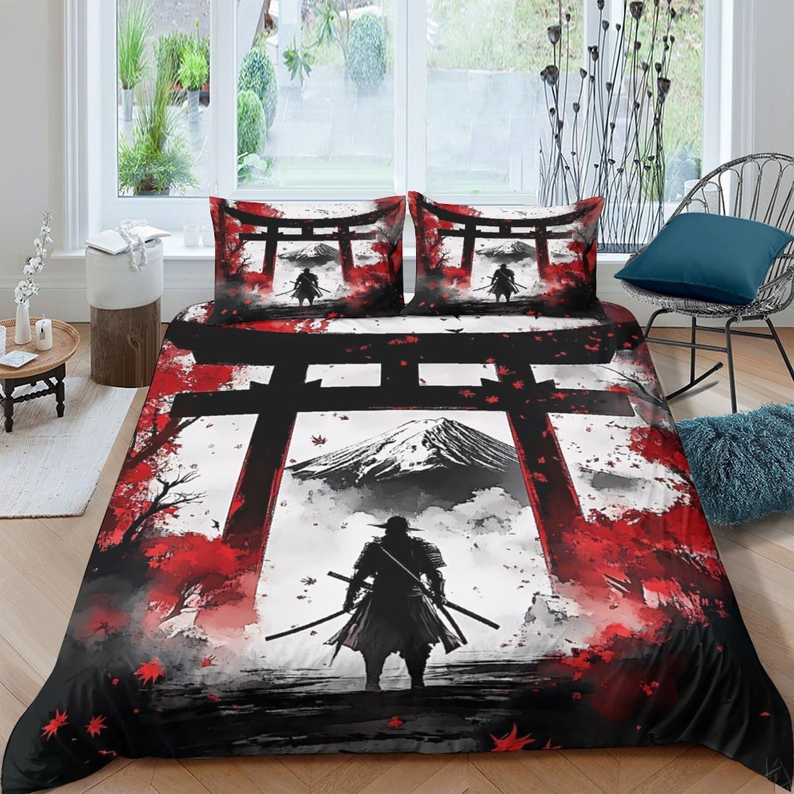 Ctjqhvkz Style-10 3D Printed Samurai Gate Fitted Sheet Microfiber Red Black Artistic Bed Cover For Bedroom Guest Room Decor Single（135X200cm）