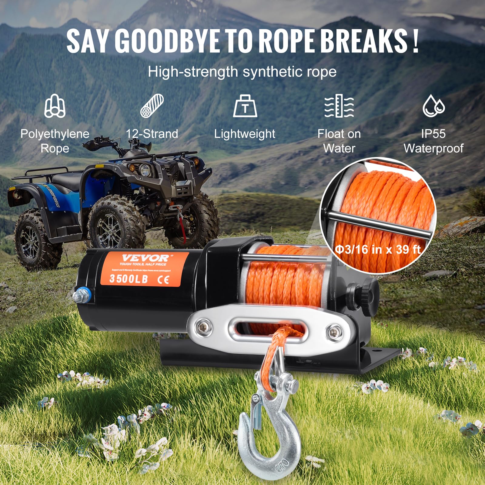 VEVOR Cabrestante Eléctrico de Capacidad de Tracción de Línea de 1588 kg, IP55 Cabrestante con Cuerda Sintética de 12 Hebras de Φ0,5 x 1188,7 cm, Control Remoto con Cable para Remolcar UTV ATV