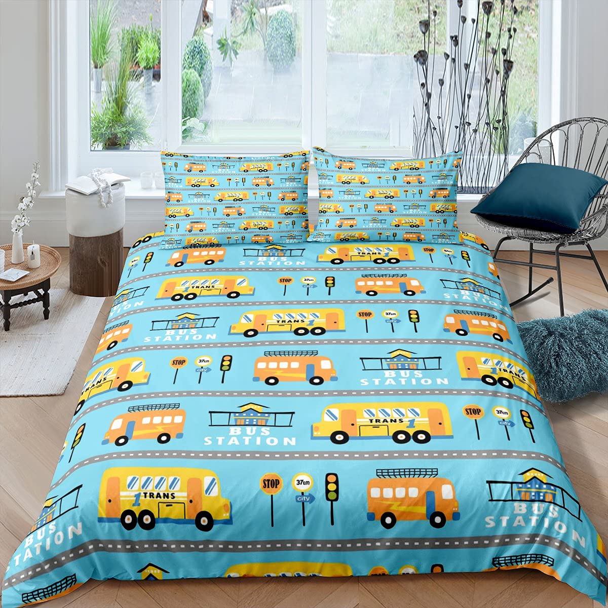 Housse de couette voitures de dessin animé et sa taie d'oreiller colorée pour enfants