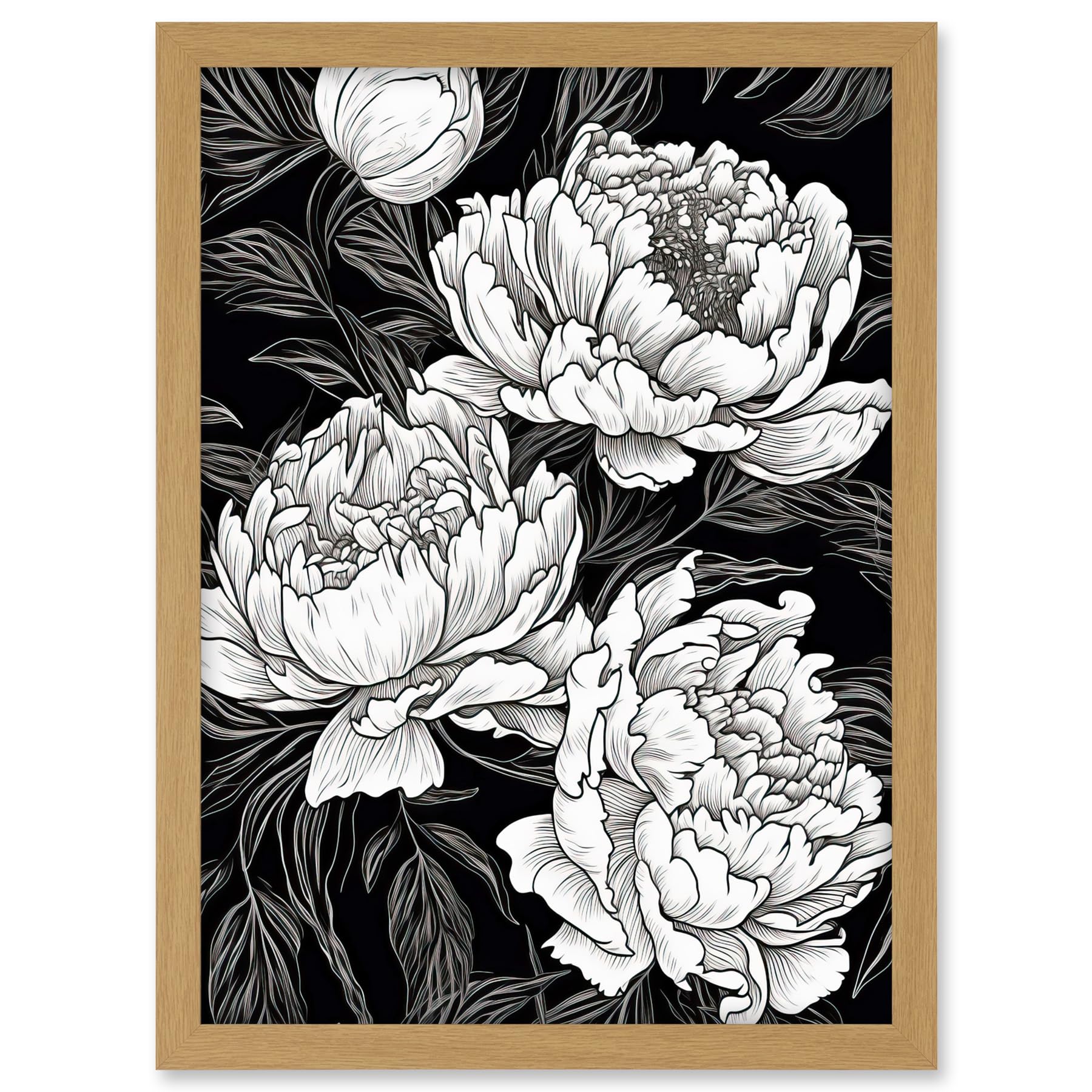 Artery8 Peony Flower Blooms White on Black Illustration Artwork Framed A3 Wall Art Print