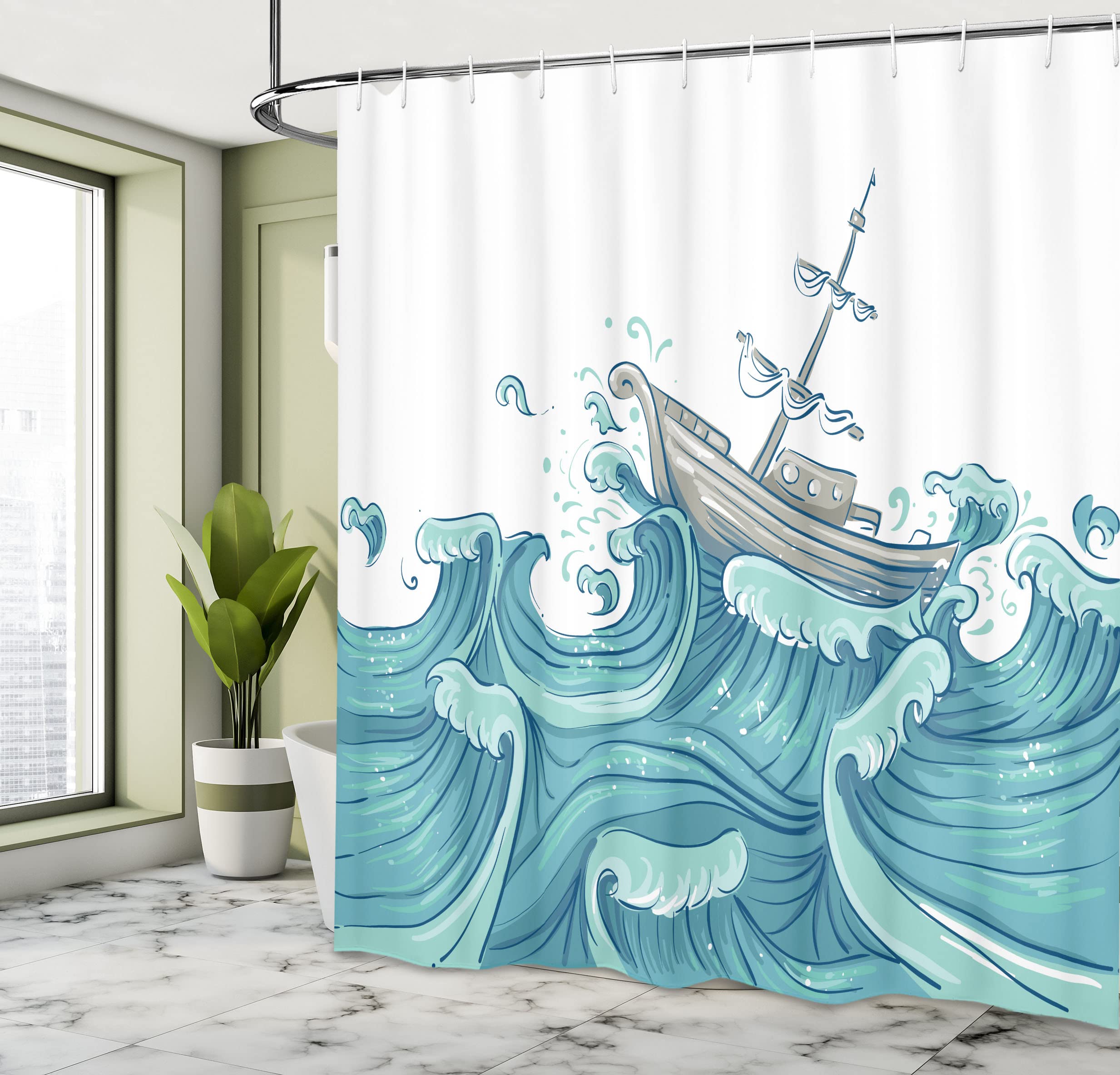 ABAKUHAUS Nautical Shower Curtain, Ship Being Tossed by Giant Ocean Waves Aquatic Old Vessel Sea Journey Illustration - Image 4