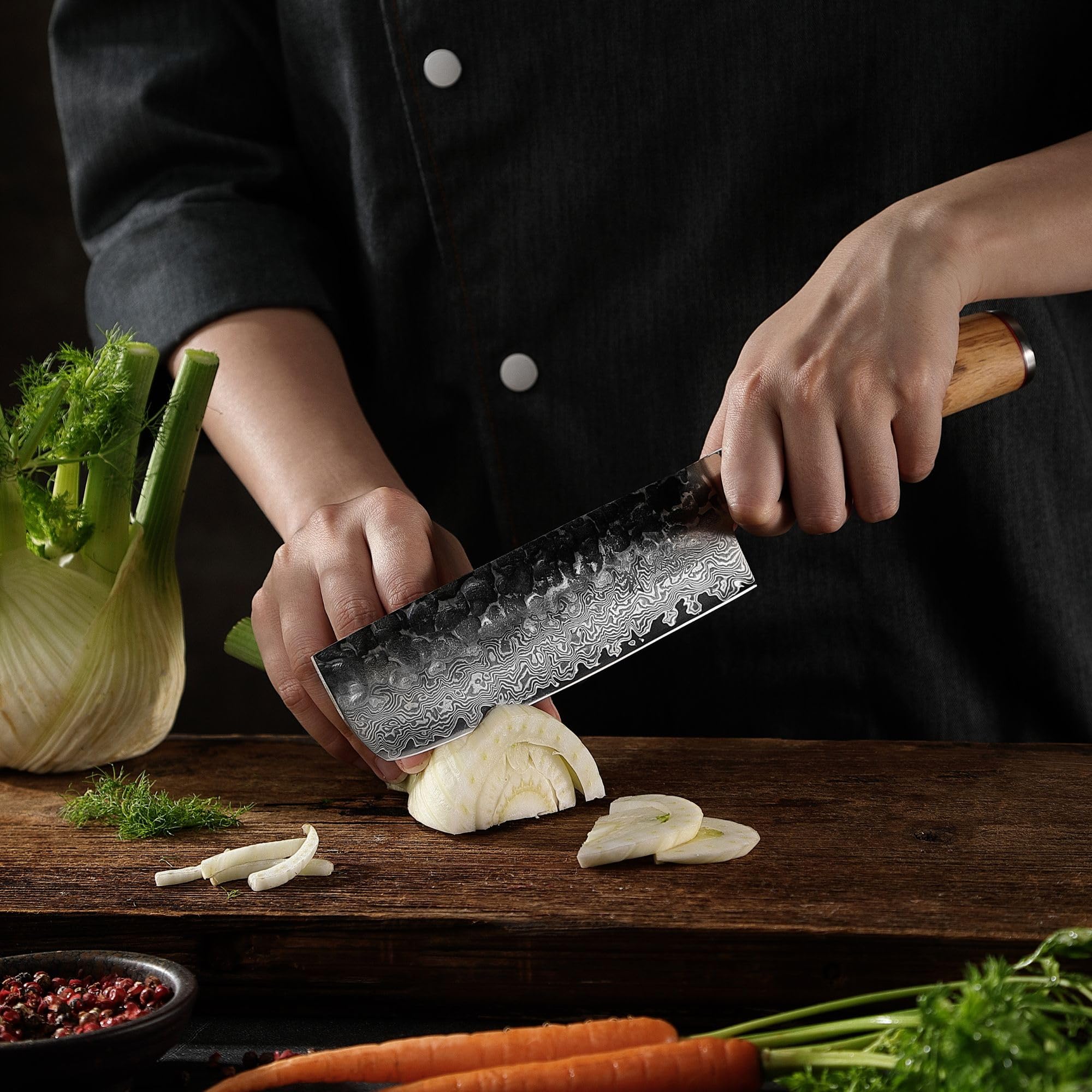 WAKOLI Couteau Nakiri de Cuisine en Damas, 17,5 cm, Manche en Olivier