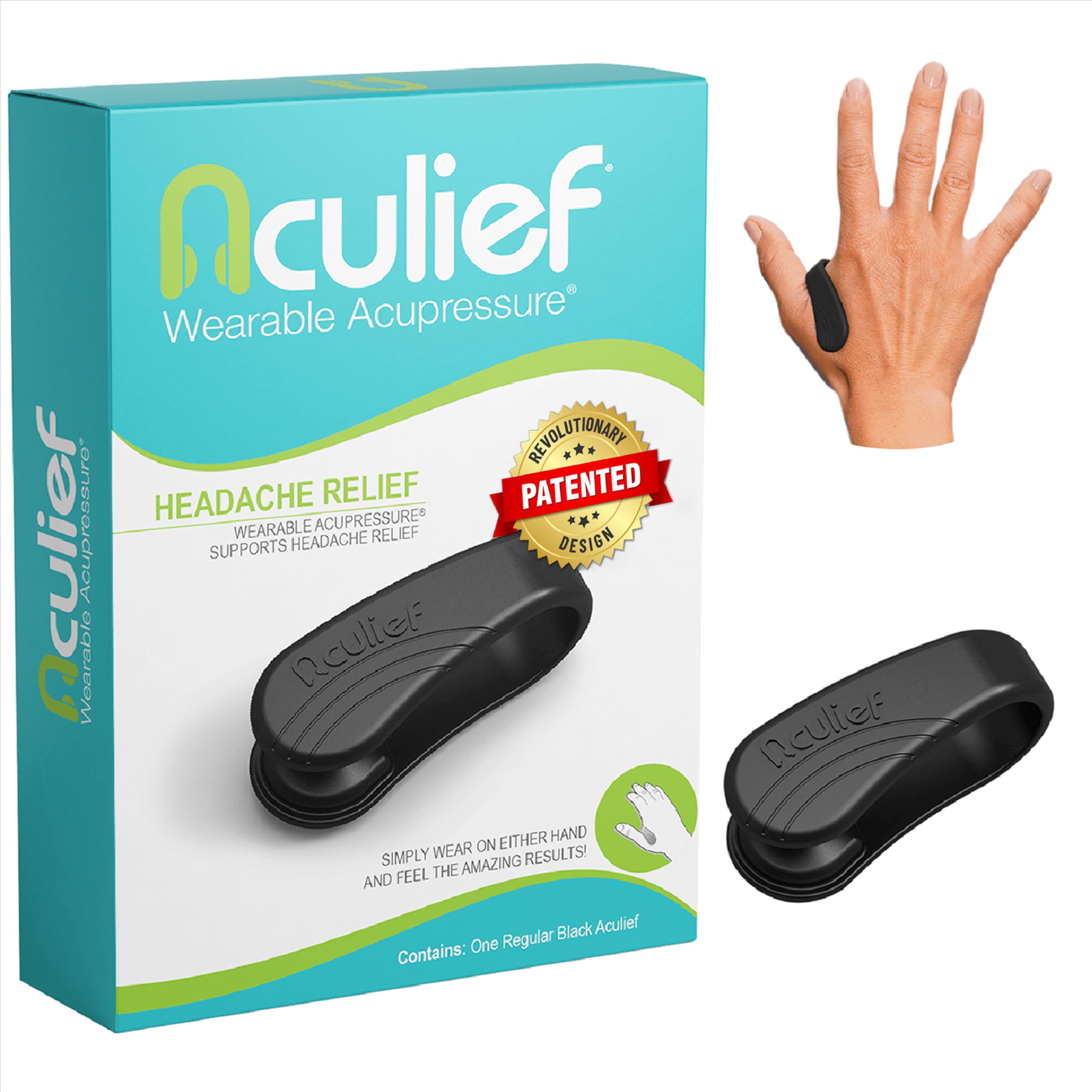 AculiefAward Winning Natural Headache, Migraine, Tension Relief Wearable –Supporting Acupressure Relaxation, Stress Alleviation, Soothing Muscle Pain-Simple, Easy, Effective 1 Pack (Black, Regular)