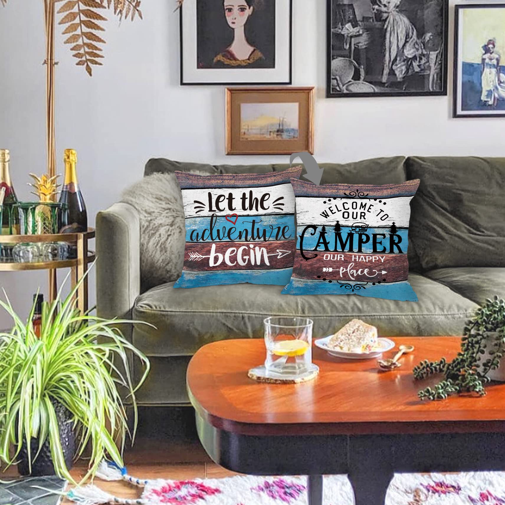 HUYAW Happy Camper Camping Welcome Decorative Throw Pillow Covers Adventure Awaits Pillow Cases Set Of 4 18 X 18 Inch Home Rv Decor