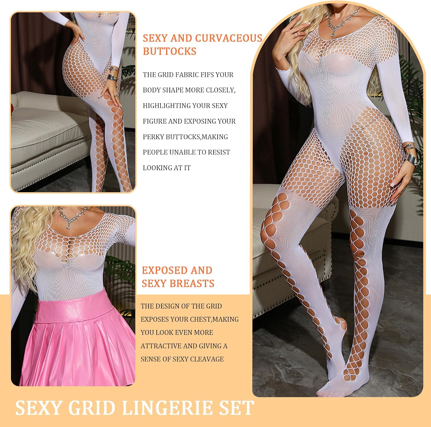 Women Lingerie Sexy Fishnet Bodysuit,Mesh Lace Body Stockings for Women,One Size Long Sleeve Lace Bodysuit - Image 3