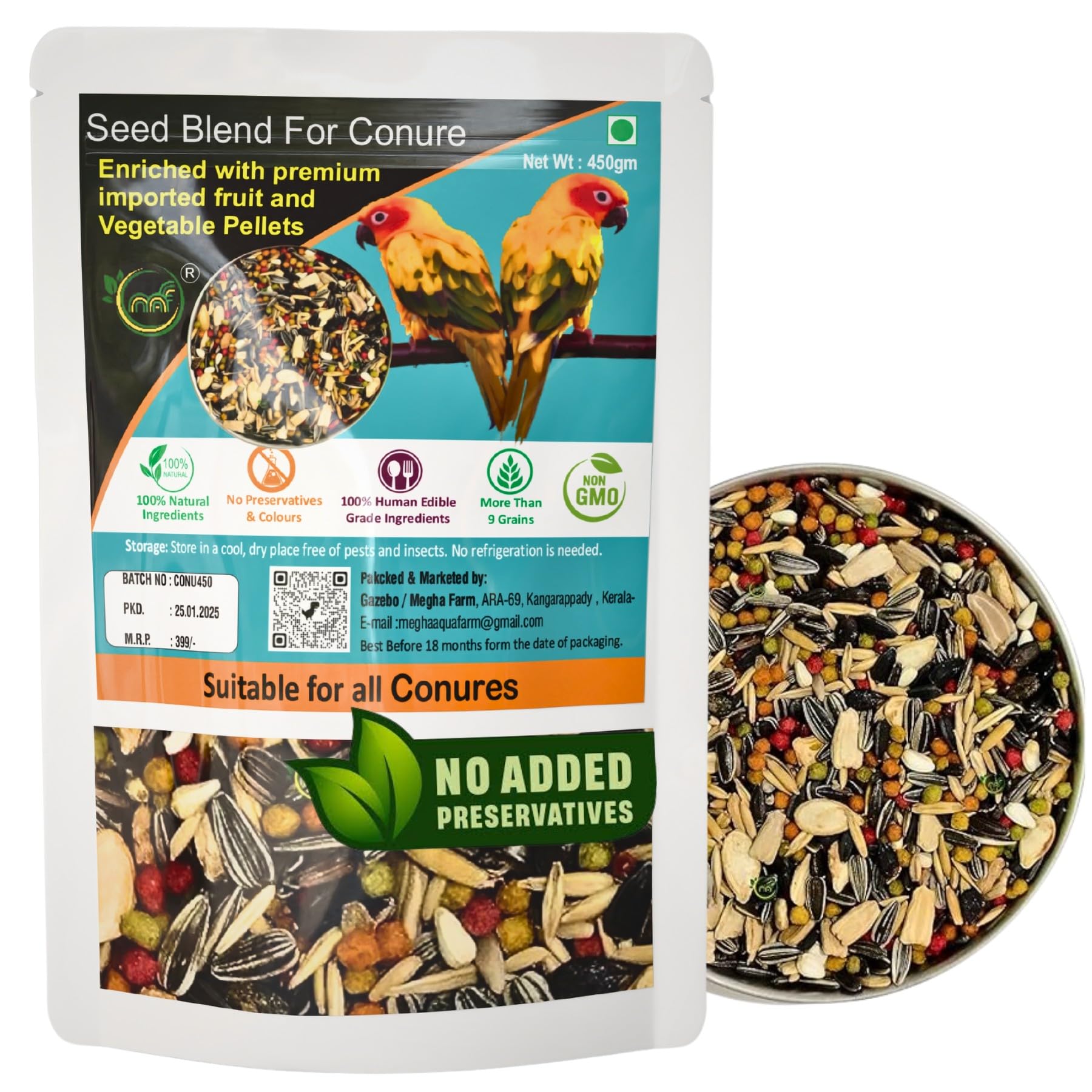MAF Bird Feed For Parrots 450 Grams,Exotic Seed Blend Of 22 Variety Seeds,Nuts With Fruit & Vegetable Pellet Enriched For All Types Of Conures,African Grey,Amazon,Lovebirds For All Life Stages