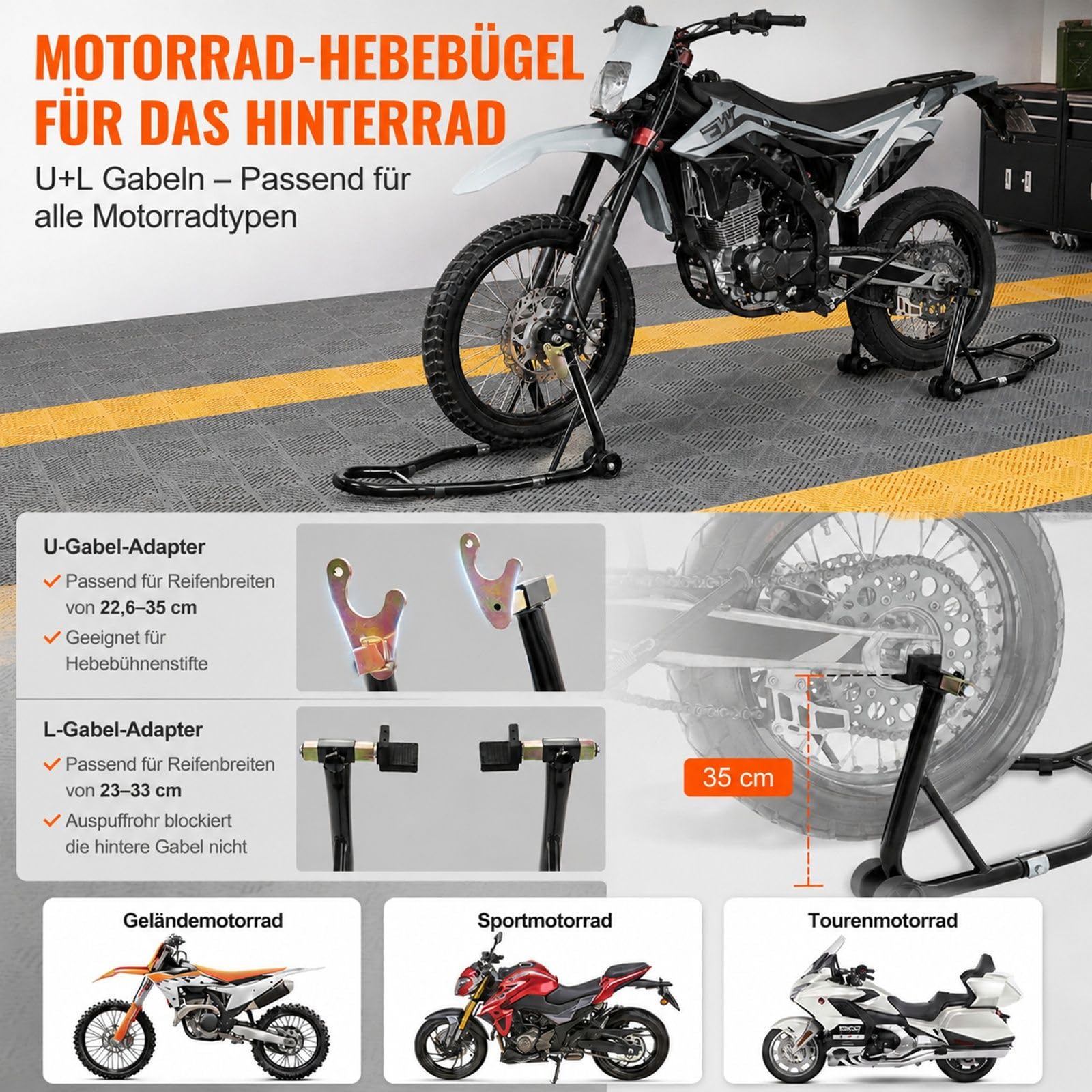 Motorrad Montageständer Set für Vorder- und Hinterrad aus Stahl mit verstellbaren Armen, U- und L-Aufnahmen für Reparatur, Wartung und Lagerung zu Hause