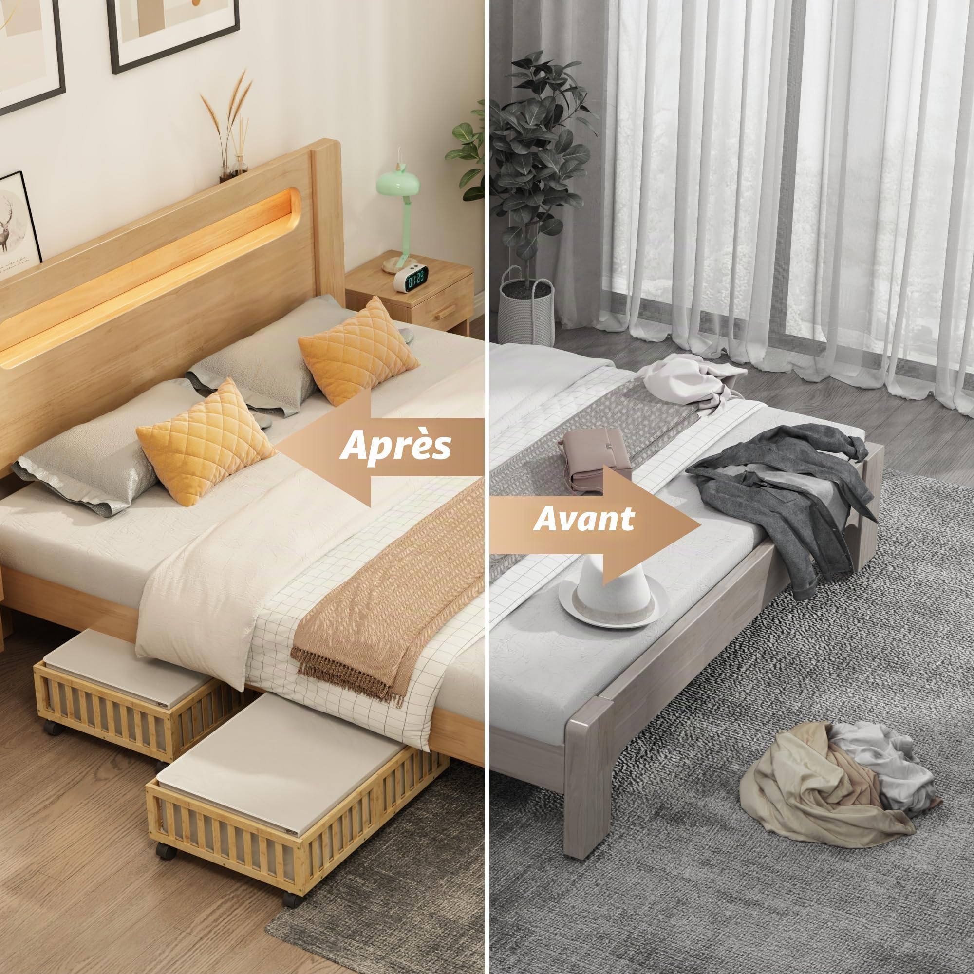 MHXW SXPN Lot de 2 boîtes de rangement à roulettes en bambou avec roulettes pour chaussures sous le lit, tiroirs à roulettes sous le lit avec sac de rangement pour chambre à coucher, draps, vêtements