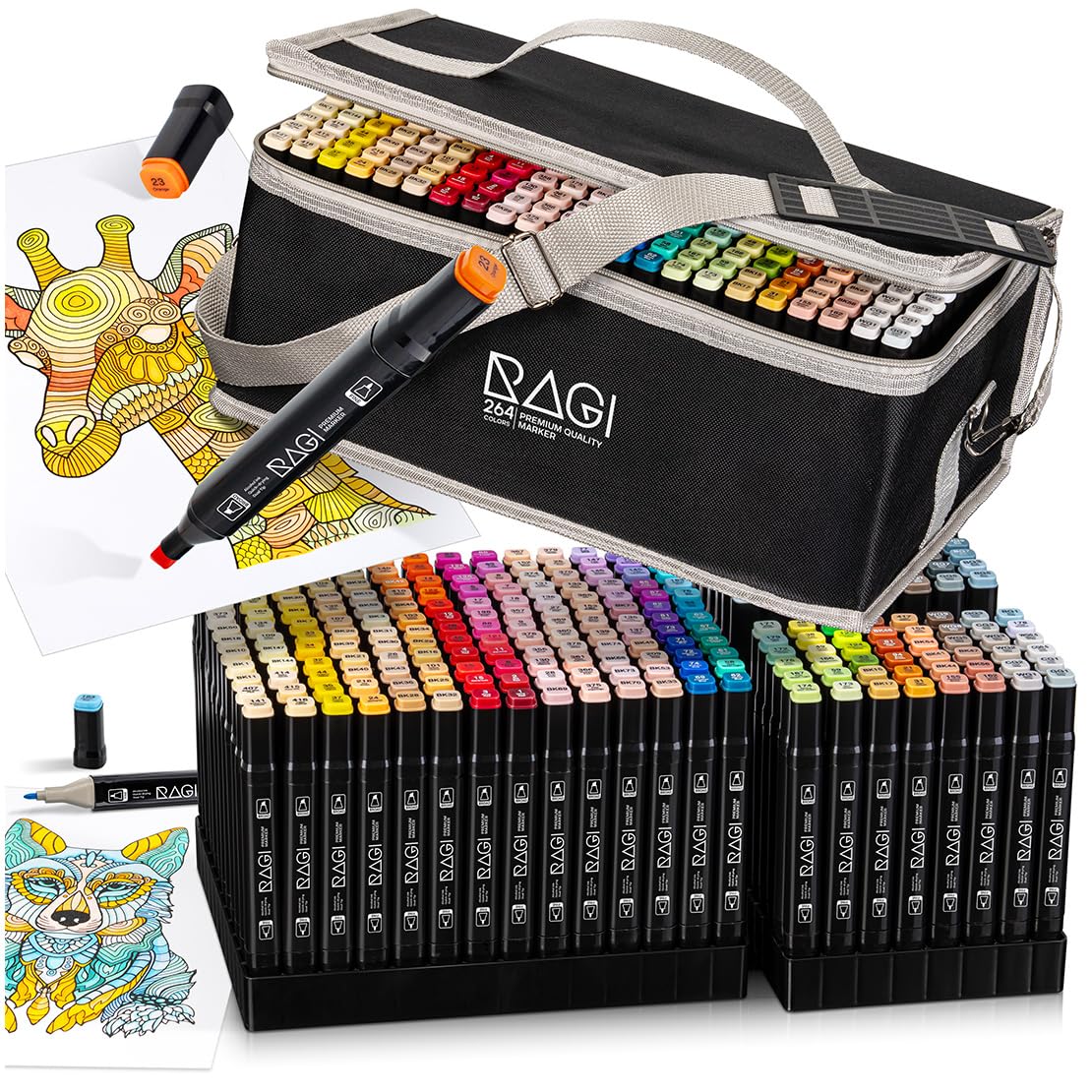 RAGI Alkoholmarker Set - 264 Alkohol Stifte & Filzstifte für Profis und Anfänger, Perfekt für Manga, Sketchbook, Malbuch und Zeichnen, Ideal für Erwachsene, Inklusive Weiches Etui