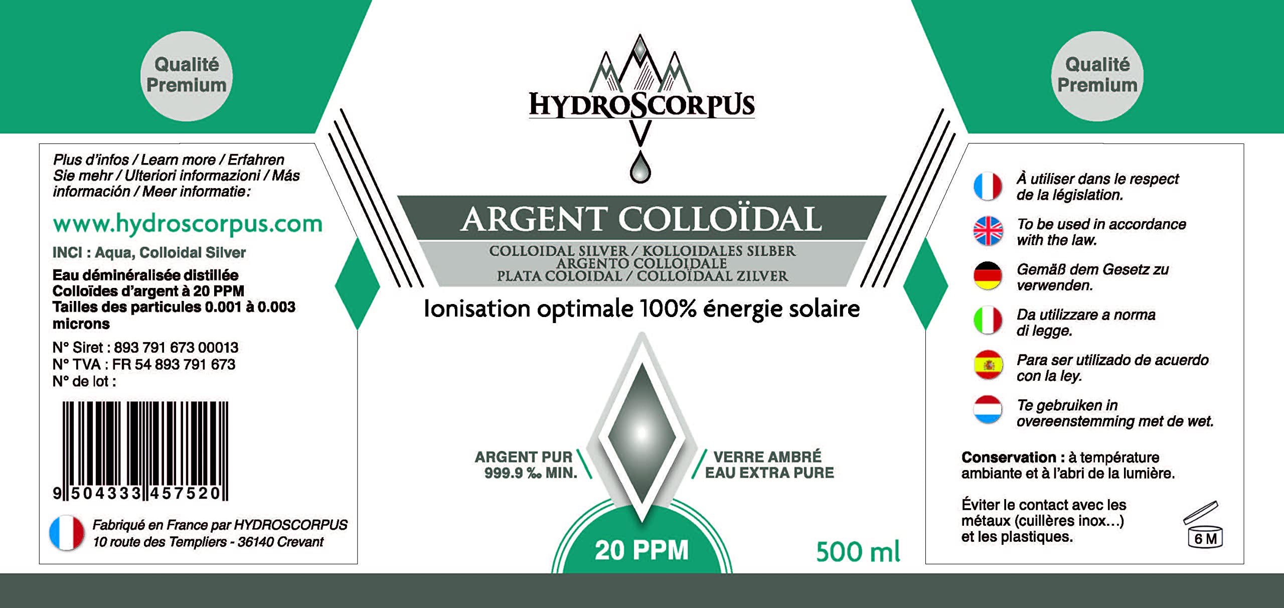 Argento Colloidale 20PPM 500ml Bottiglia di VETRO ●Ionizzazione 100% solare●Oligoelemento organico disponibile 100% Naturale●confezione100% compostabile…