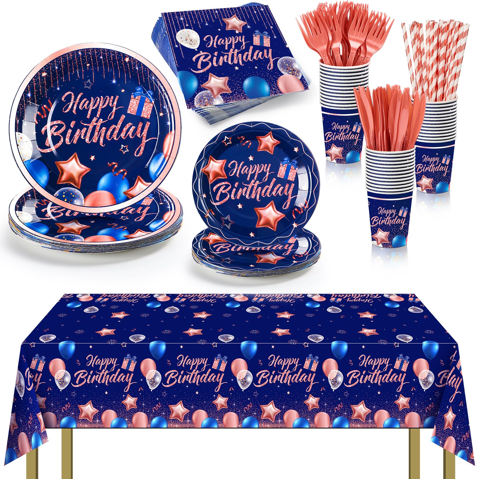 Norme 176 Pcs Navy Blue and Rose Gold Birthday Tableware Set Birthday Decoration Includes Tablecloth Paper Plates Napkins Paper Cups Forks Knifes and