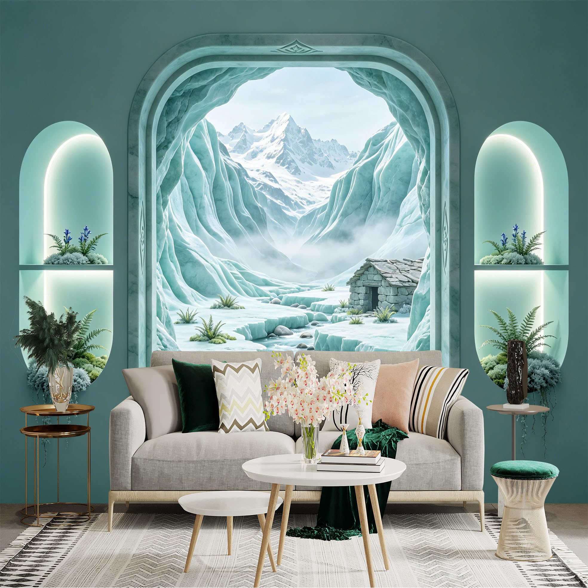 Custom Size Wall Sticker Mural， Snowy Mountains with Glacier Stream and Stone Cabin， for wall Decoration， peelandstick wall Decals.
